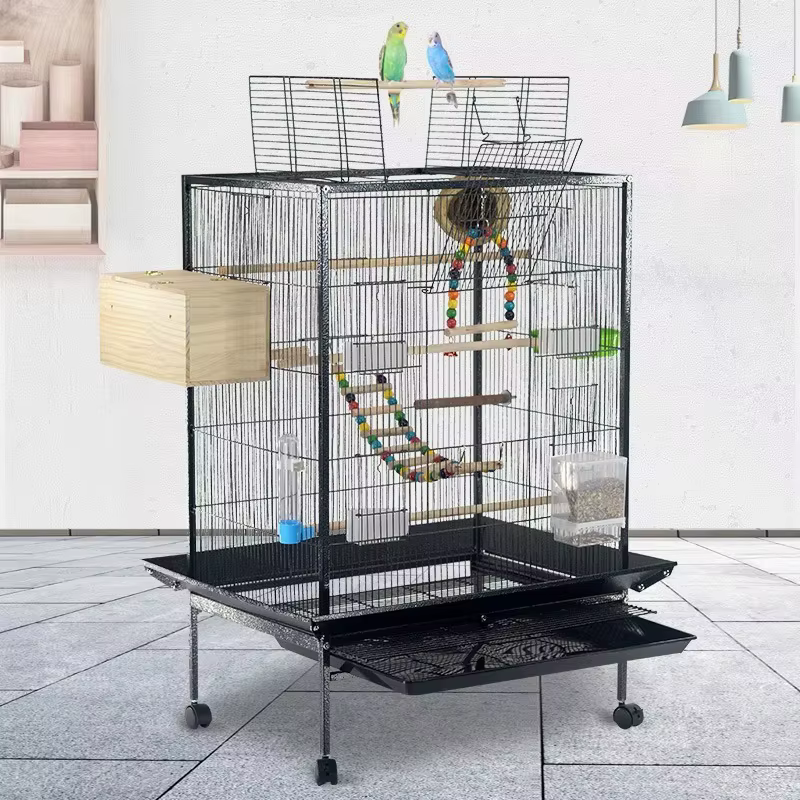 Large Bird Cages Luxury Villa Art Birdcage Big Space Black Stainless Steel Metal Iron Pet Parrot Cage Low Price — image 2