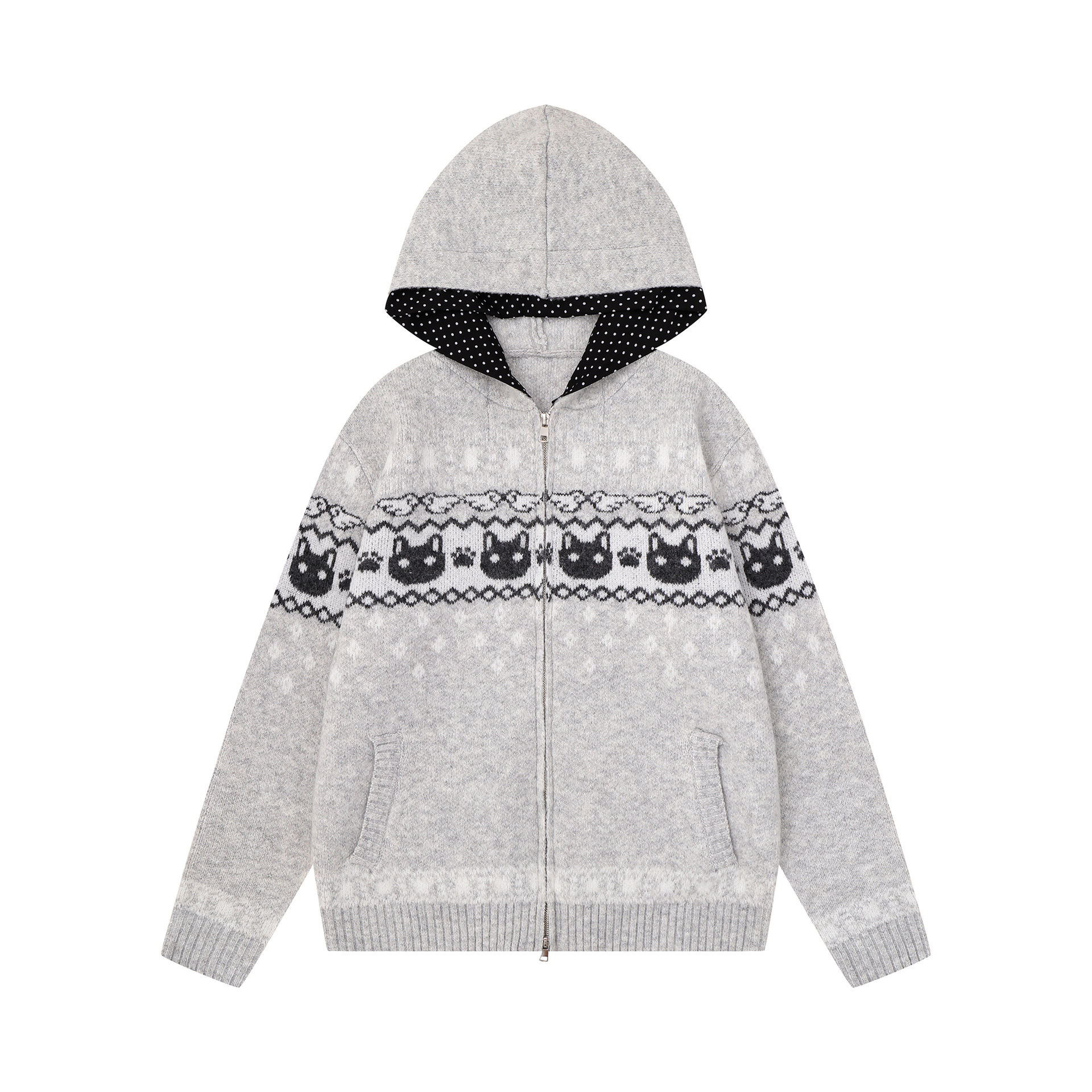 Vintage Cat Jacquard Knit Zipper Hooded Loose Cardigan Sweater Jacket — image 2