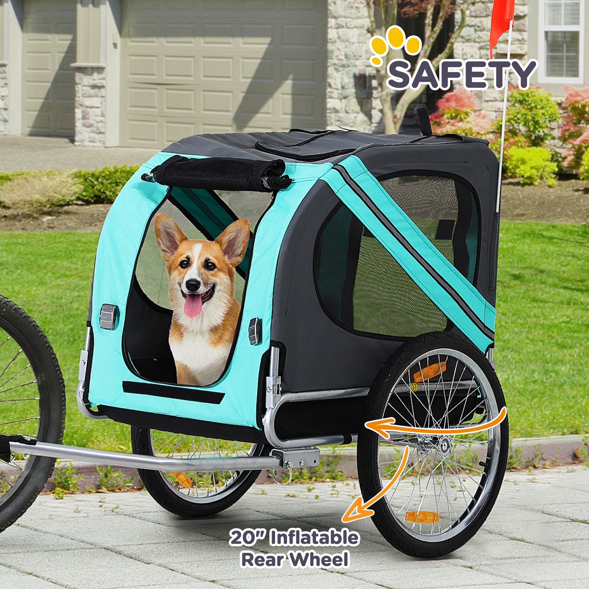 Trailer de bicicleta para perros con 3 entradas, ruedas grandes, verde — imagen 2