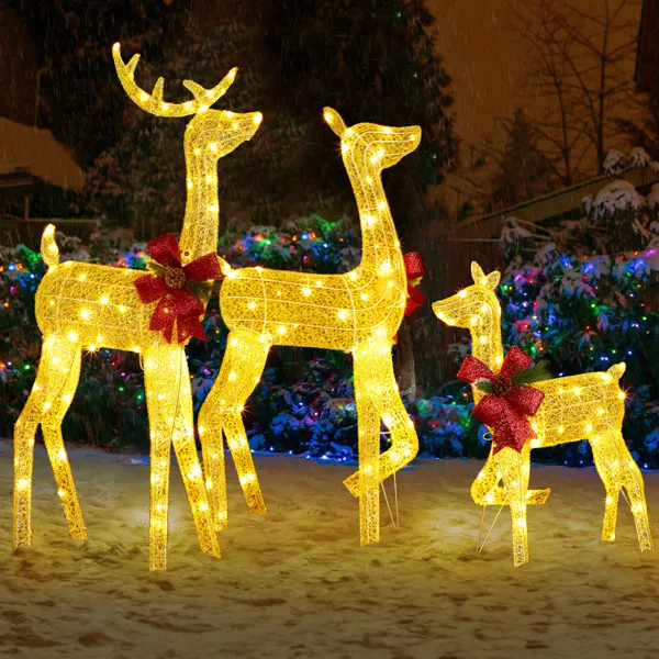 Set de 3 Piezas de Renos Navideños Iluminados para Decoración Exterior, Familia de Ciervos 2D Resistente a la Intemperie, Decoración Navideña con 200 Luces LED Blancas Cálidas Preinstaladas y Estacas, Dorado — imagen 8