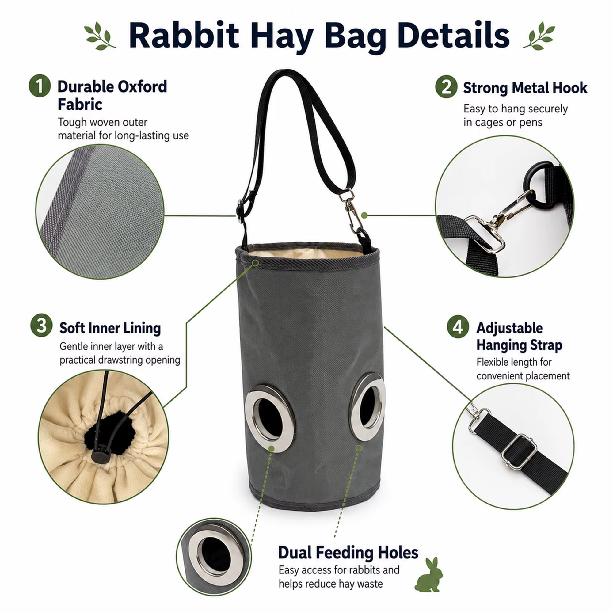 Bolsa de Alimento para Conejos Suspendida Limpiable Ajustable Instalación Fácil Resistente a Mordeduras Automático de Alimentación Bolsas de Suministros para Mascotas — imagen 6