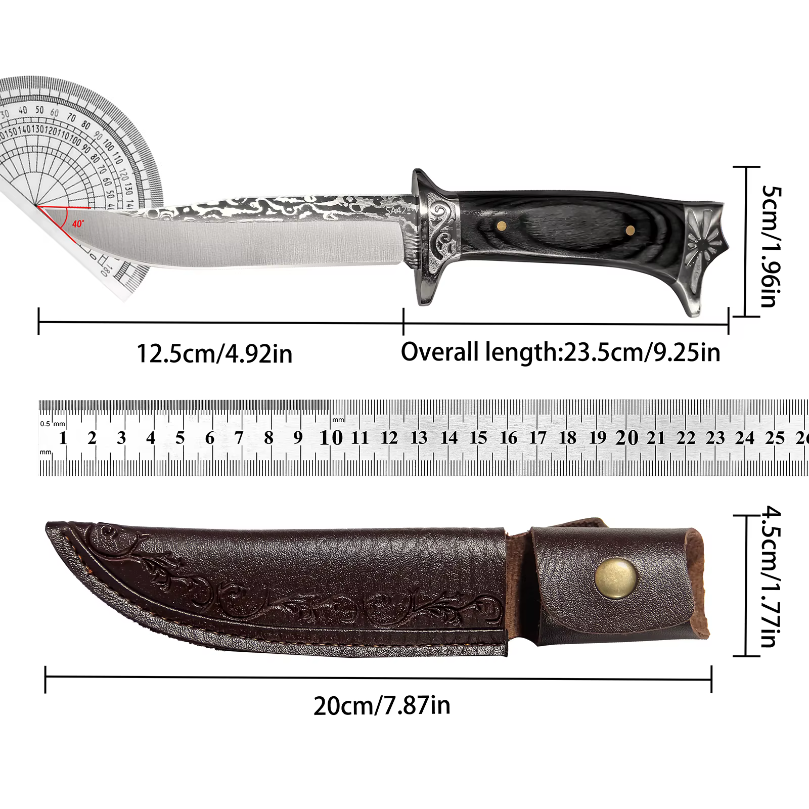 Fixed Blade Hunting Knife with Leather Sheath Wood Handle Outdoor Camping Utility Knife Bowie Style Gift for Men — image 8