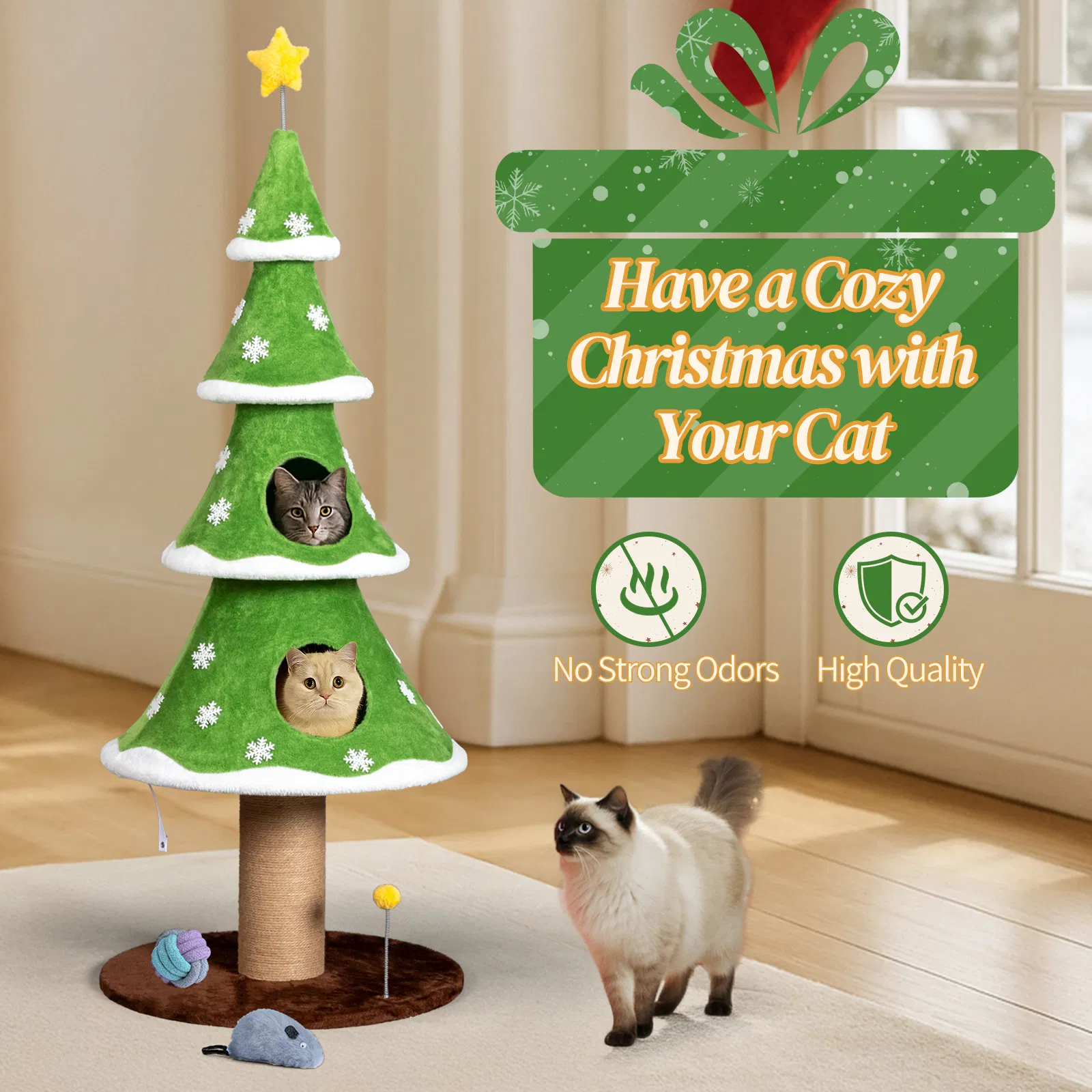 Large Tall Christmas Tree Cat Tower with 2 Cat Condos & Scratching Post, Soft Fleece Cat Tree with Teaser Toy & Sturdy Base & Built-in Openings for Indoor Cats, Green & White — image 2