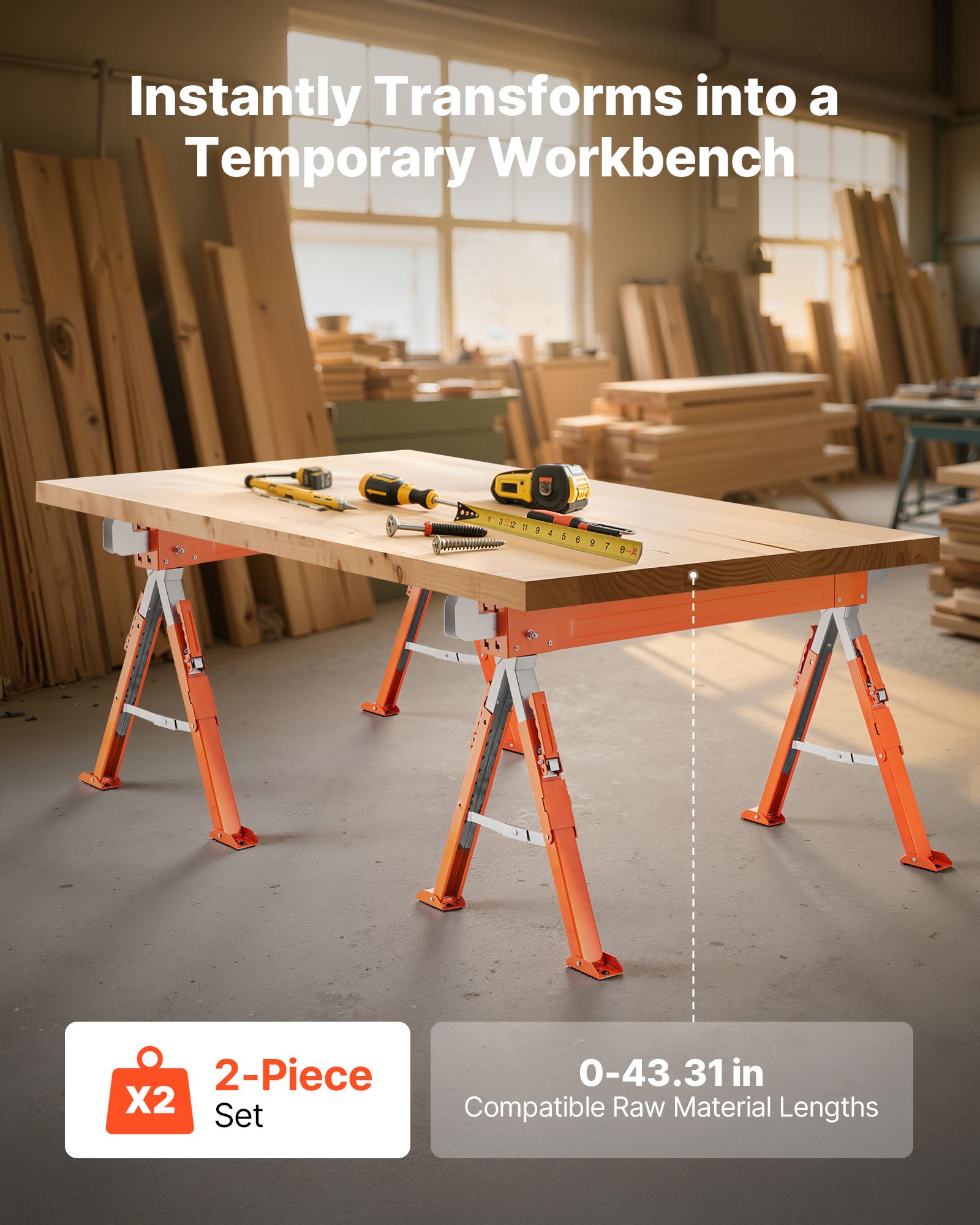 Saw Horses, 2 Pack Folding Work Horses, 1800 Lbs Load Capacity Sawhorse With Heavy Duty Legs, Adjustable Height Saw Horse With Non-Slip Foot Pads, For Woodworking, Carpenters & Contractors — image 3