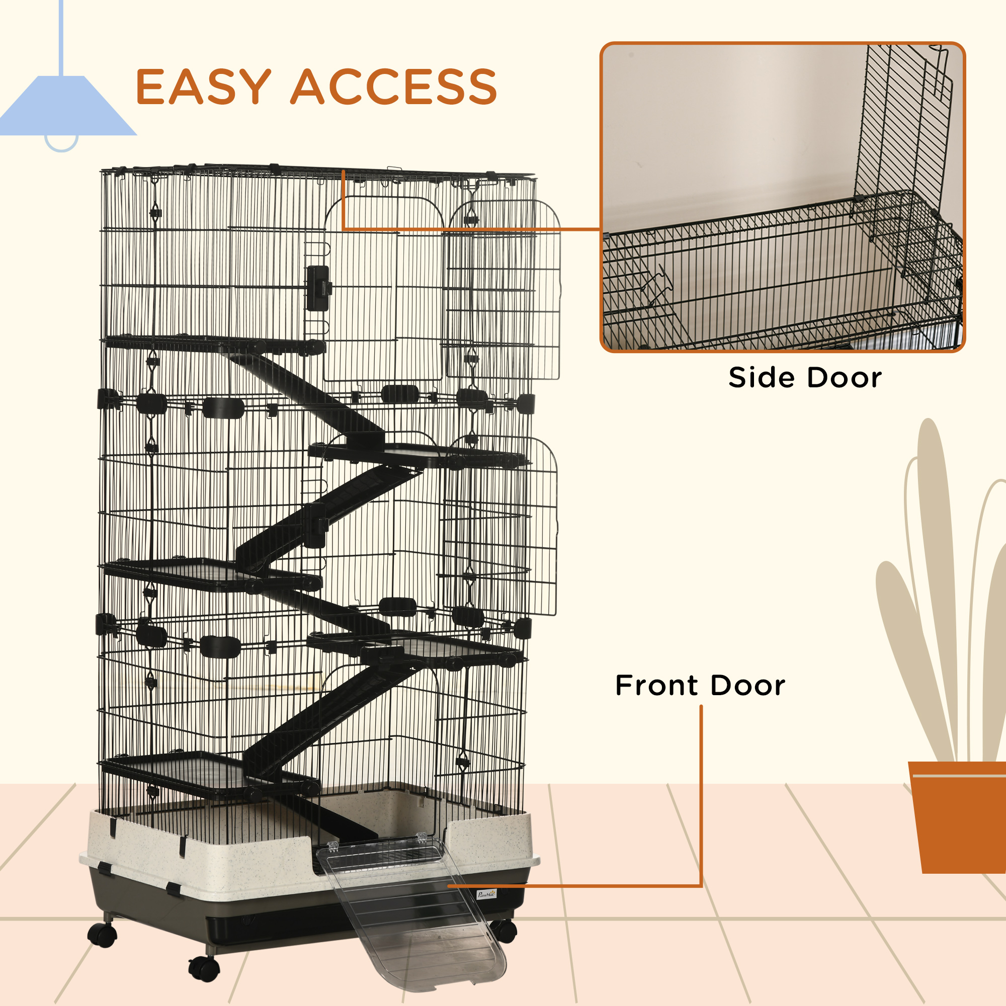 Caja de 6 niveles para conejos y pequeños animales con plataforma rodante, negro — imagen 4