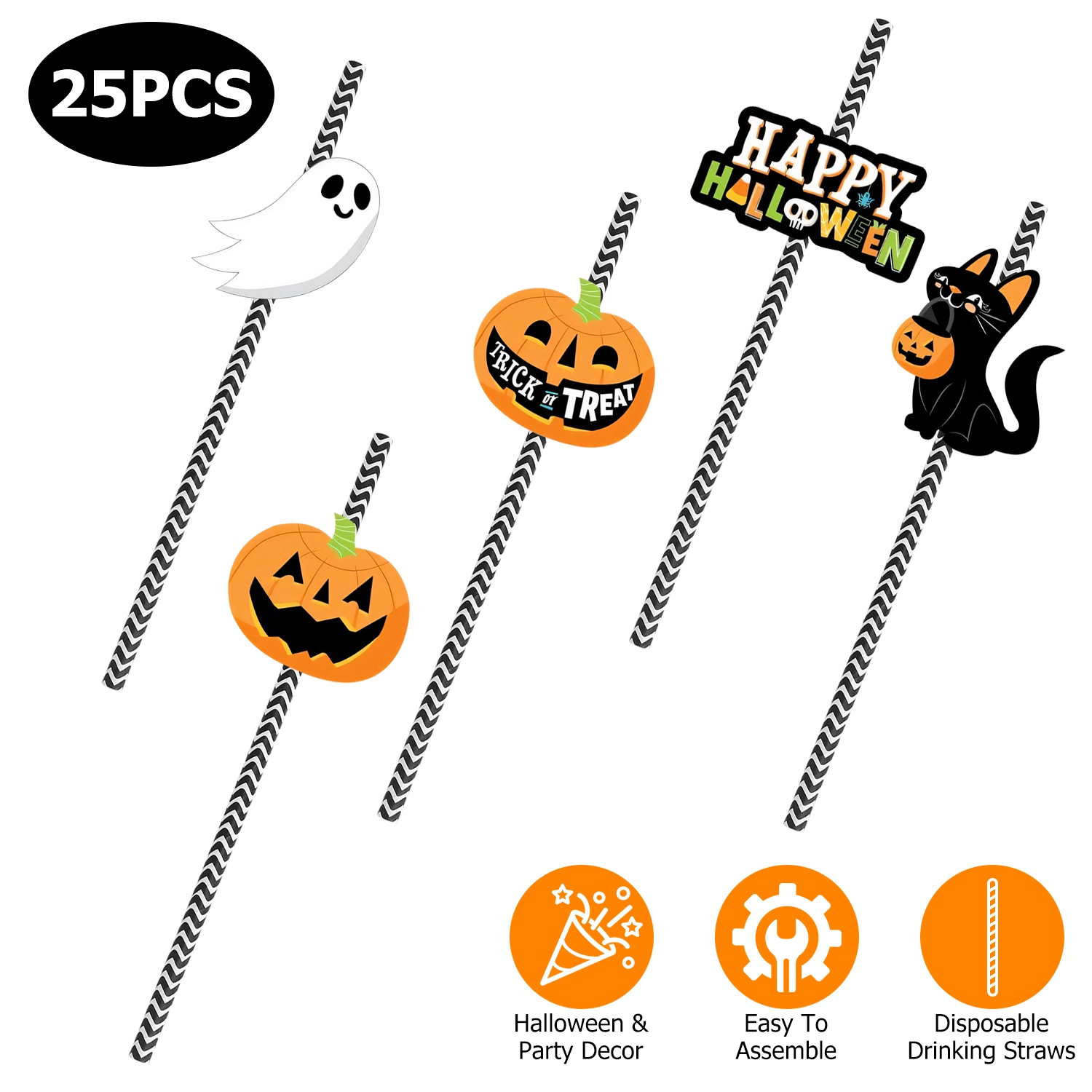 Set Of 25Pcs Halloween Party Striped Decorative Straws Disposable Drinking Straws Paper Straw Decor Happy Halloween Ghost Lantern Black Cat Halloween Party Supplies — image 5