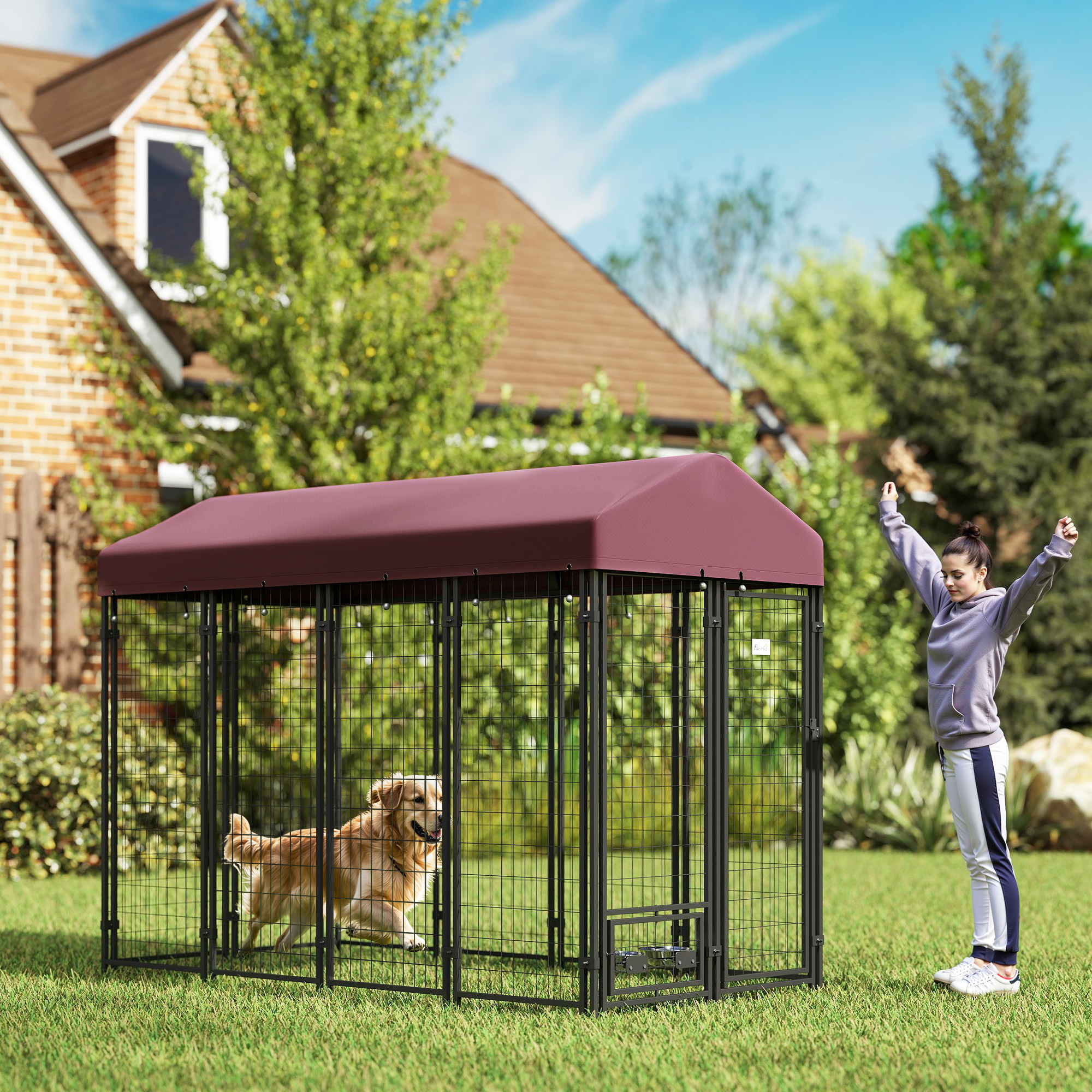 Outdoor Dog Kennel with Rotating Bowl Holders, Walk-in Pet Playpen with Waterproof Cover, 8 x 4 x 6, Red — imagen 7