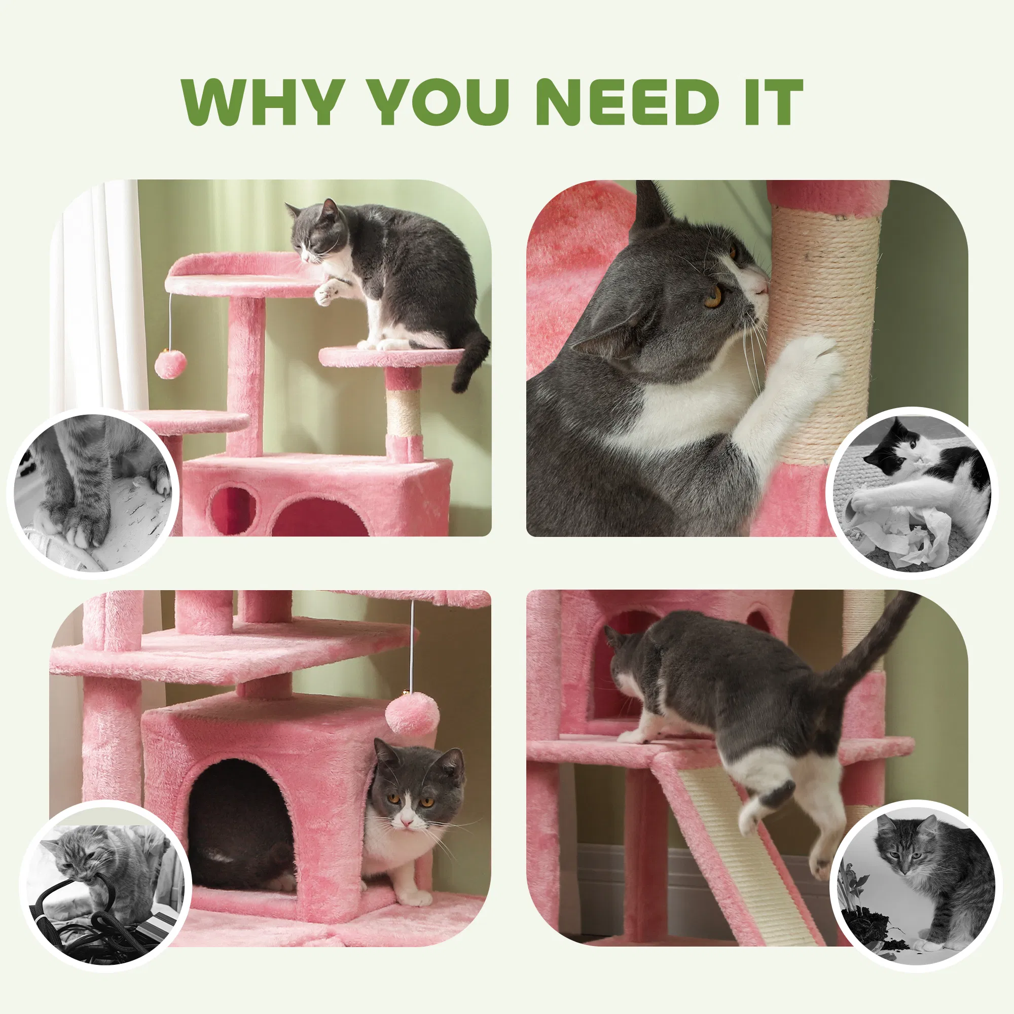 54" Cat Tree, Multi-Level Cat Tower with Scratching Posts, Cat Condos, Bed, Platforms, Ramp, Toy Ball, Pink — image 3
