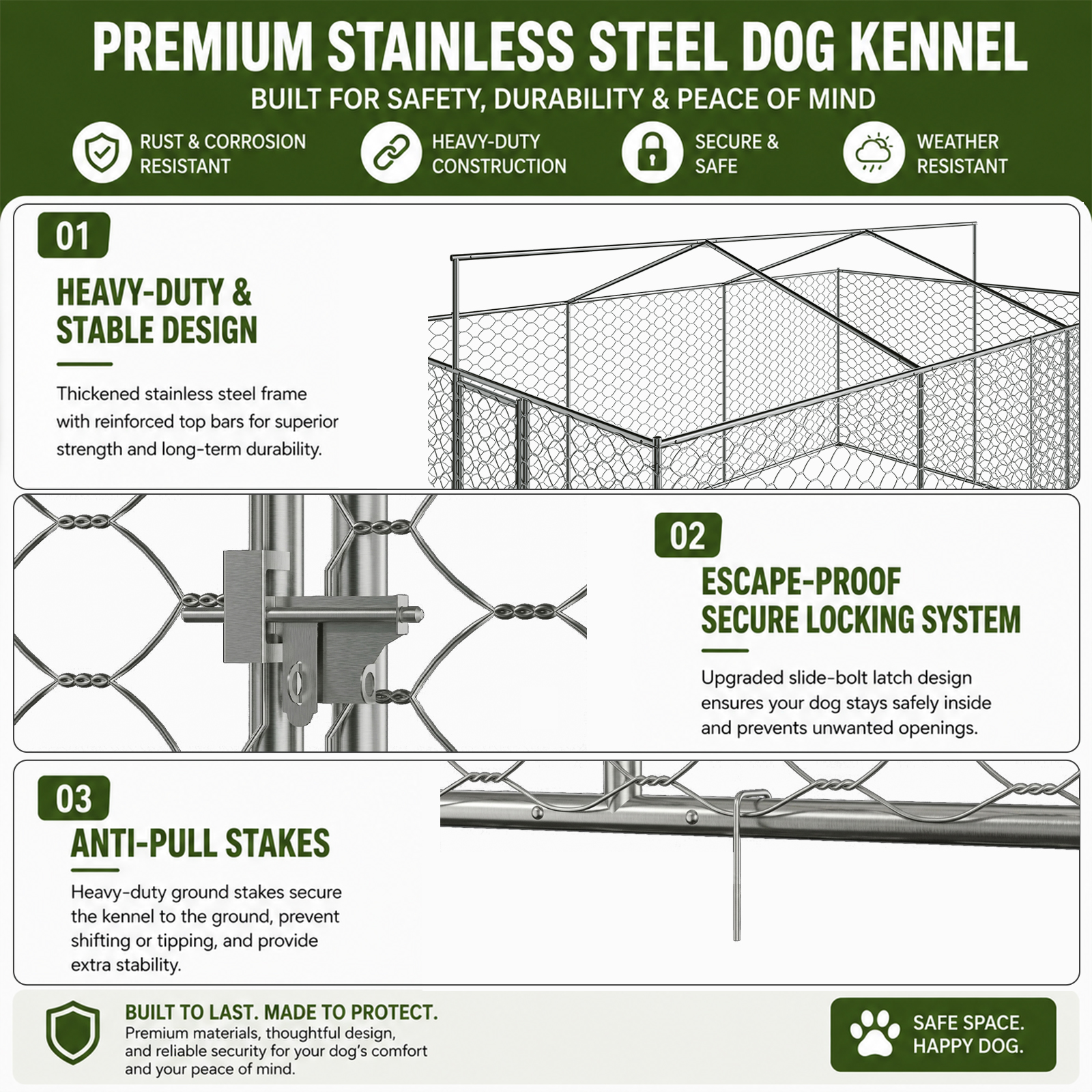 Casa de Perro Exterior Grande con Techo, Estructura de Acero Galvanizado Resistente, Cubierta Impermeable, Protección para Todo Clima, Jaula Segura para Perros Grandes, Multiple Animales — imagen 4