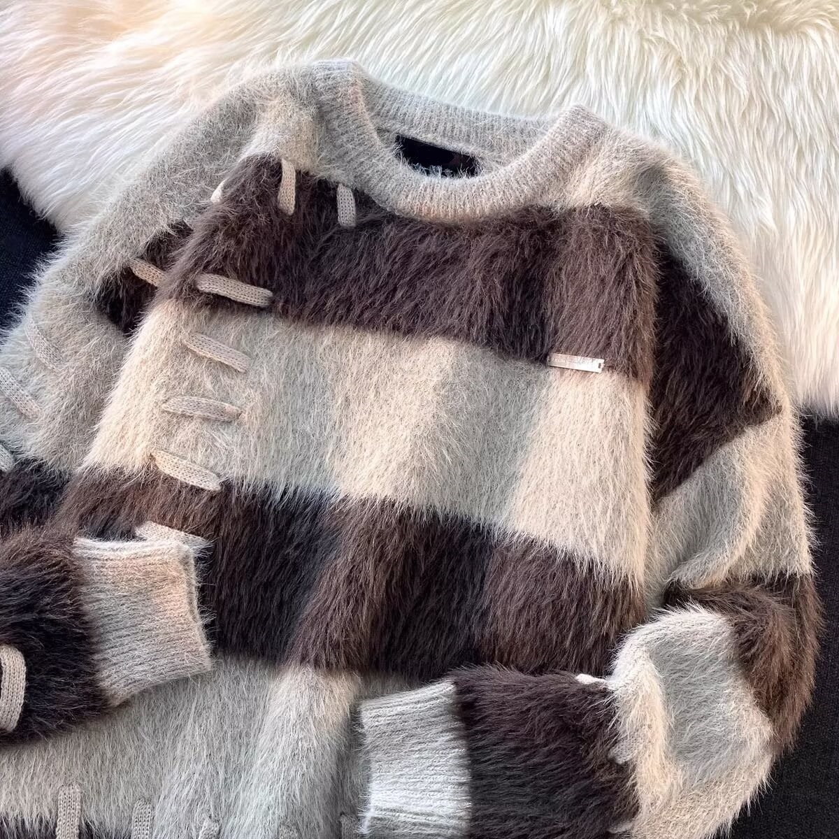 Wide Stripe Knit Sweater for Couples Soft Mink Wool Blend Lazy Long Sleeve Pullover — image 9