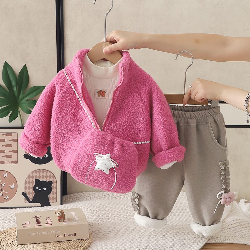 Girls Autumn Winter Fleece Lined Star Cat Print Three-Piece Set Outfits with Bag — image 4