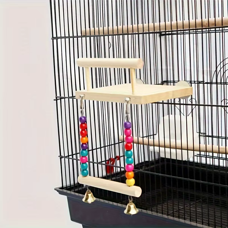 Wooden Bird Perch Platform Stand Parrot Swing Toys Bird Hanging Swing Playstand with Chewing Beads Bird Toys — image 2