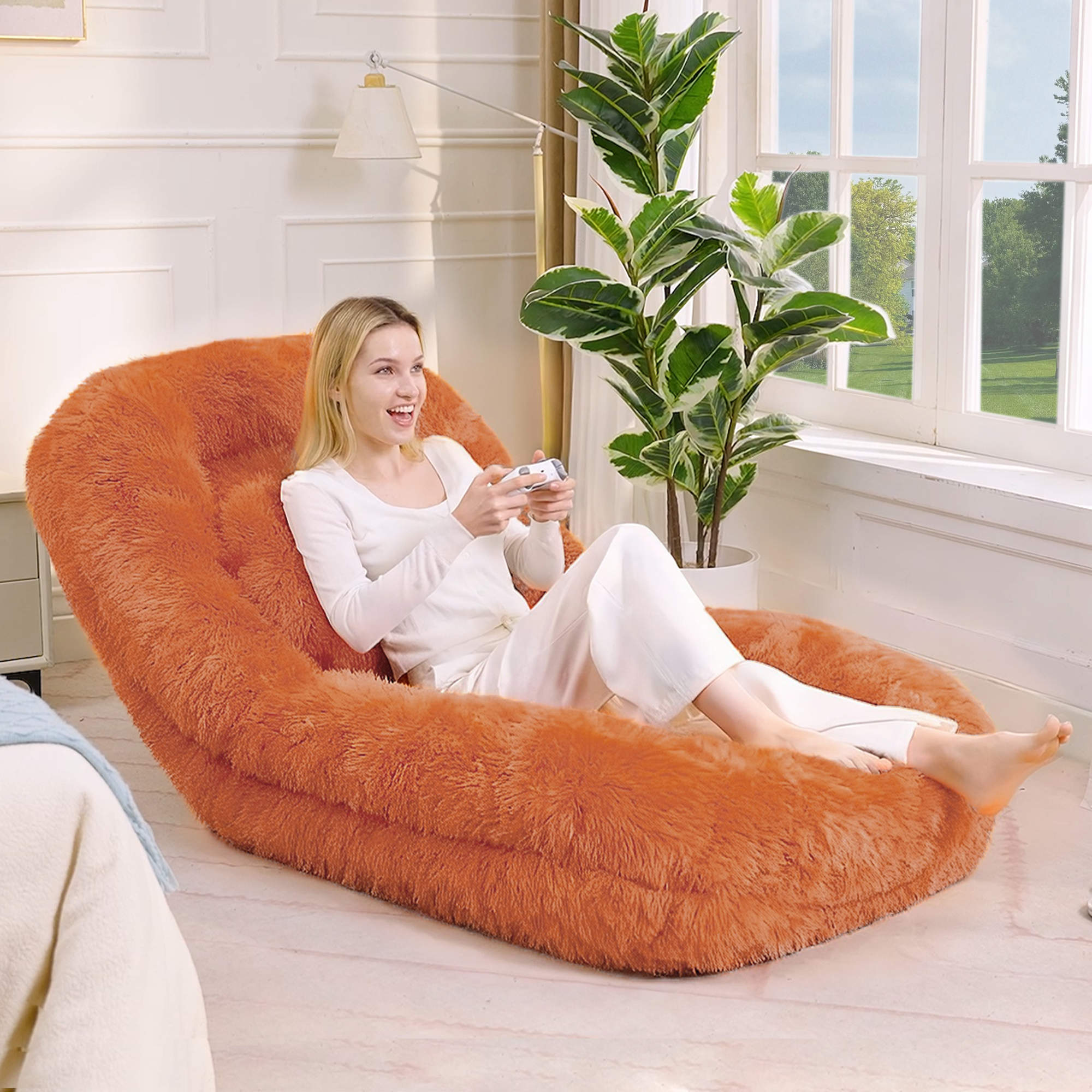 Human Dog Bed, Lazy Sofa, 5-Position Adjustable Convertible, Floor Gaming Chair, bedroom, living room, Suitable for gaming, meditation, relaxation, Plush Fabric, Orange — image 4