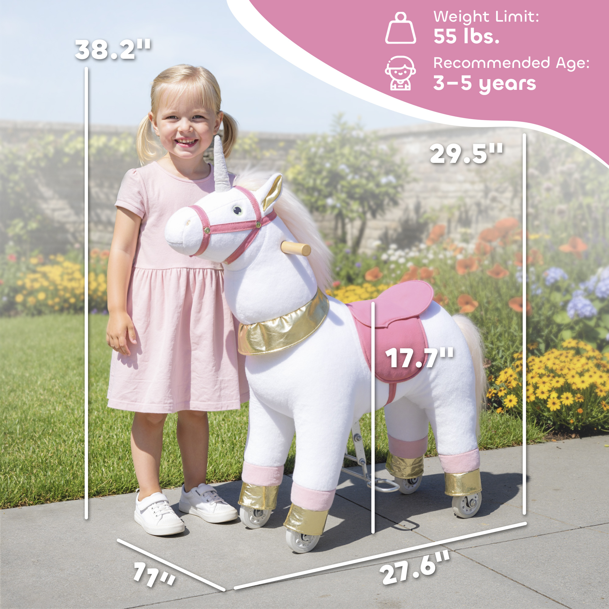 Ride on Unicorn Toy for Kids 3-5 Years, 29.5 Inch Plush Baby Rocking Horse with Wheels, No Battery Required, White — image 5