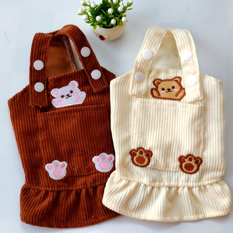 Pet Spring and Autumn Bears Embroidery Corduroy Strap Dress Cat Dog Clothes Teddy Korean Bibear Pomeranian VIP — image 1
