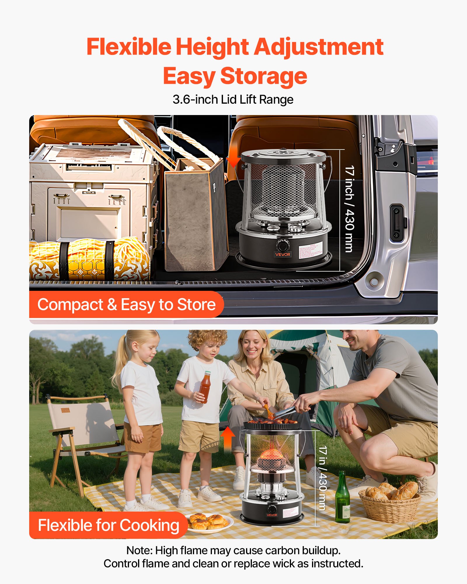 Calentador y Estufa Portátil de Queroseno de 9000 BTU, 2 en 1, Calentador No Eléctrico para Interior y Exterior con Altura y Llama Ajustables, Fácil de Guardar, para Camping, Caza, Cocina, Hogar, Garaje, Negro — imagen 5