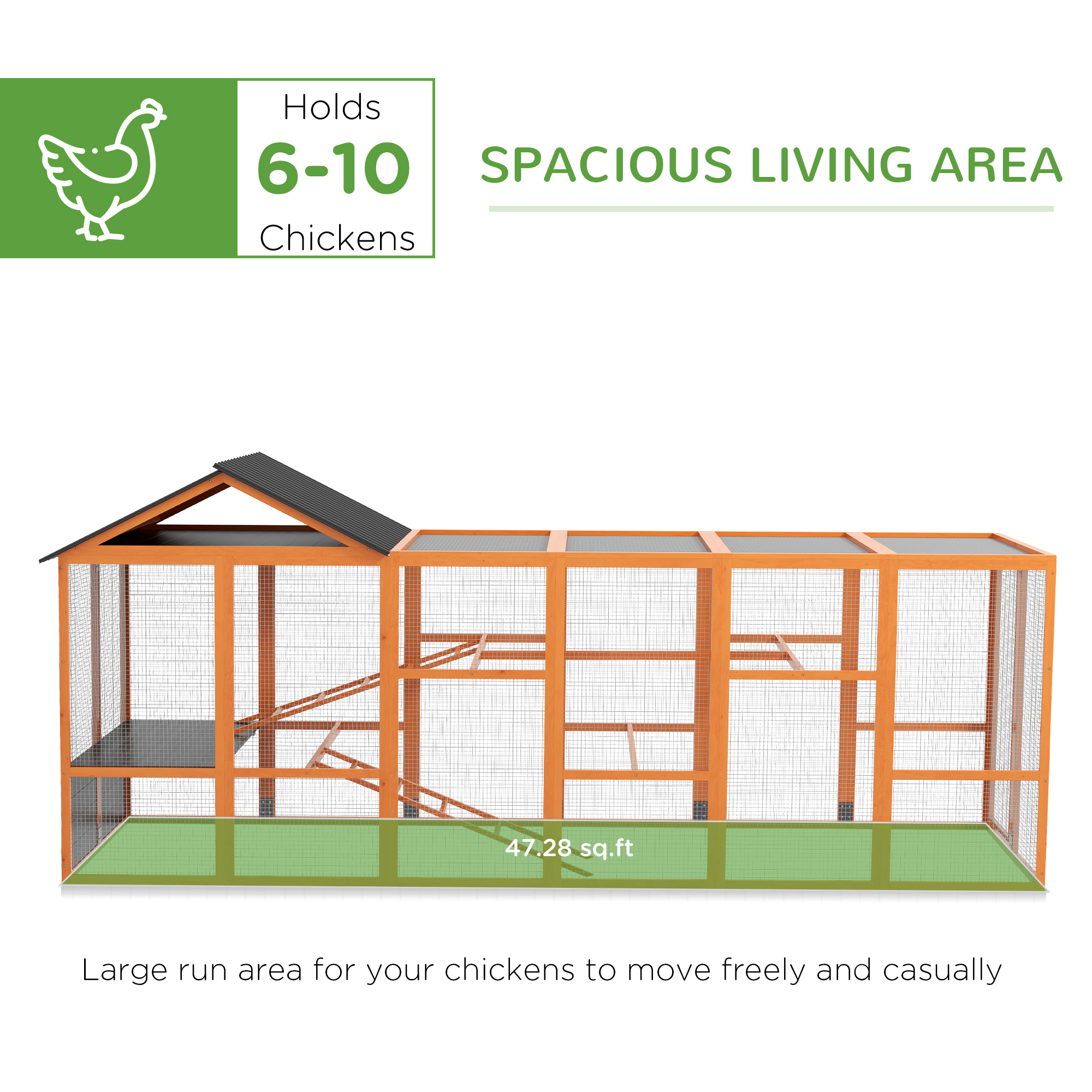 Casa de Pollos en Madera para 6-10 Gallinas - Corral Adicional con Almacenamiento, Perchas, 141.75" x 48" x 61", Naranja — imagen 5