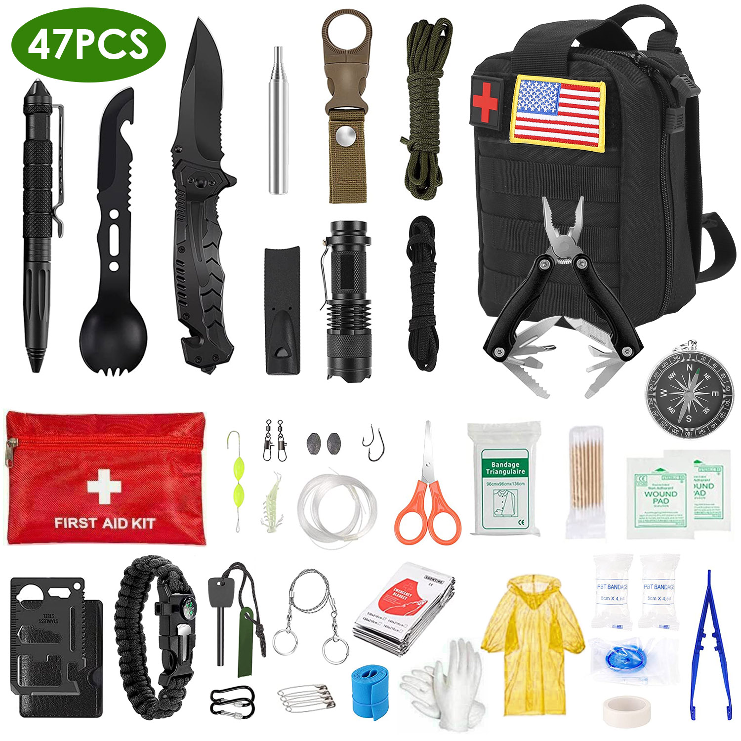 Kit de Supervivencia de Emergencia de 47 Piezas, Equipo EDC de Supervivencia, Herramientas y Suministros de Primeros Auxilios con Estuche para Senderismo, Caza, Desastres y Aventuras de Camping — imagen 1