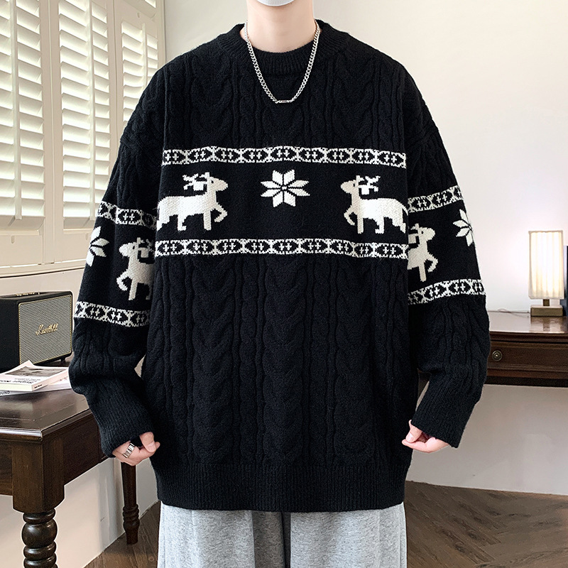 Thickened Casual Pullover Sweater with Jacquard Reindeer Pattern and Cable Knit Design — image 7