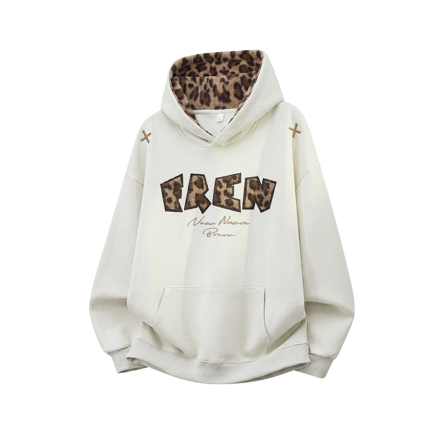 Heavyweight Texture Leopard Applique Hoodie for Men, Autumn Patchwork Casual Trendy Hooded Sweatshirt — image 5