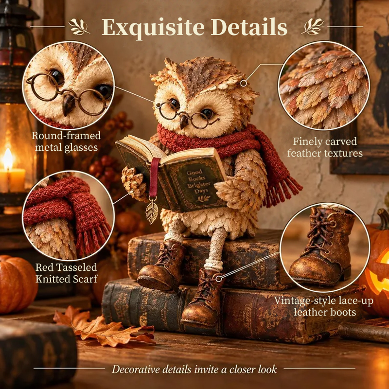 Reading Owl Figurine – Creative Owl Statue with Glasses, Scarf, Boots & Open Book, Bookshelf & Reading Nook Decor Sculpture — image 6