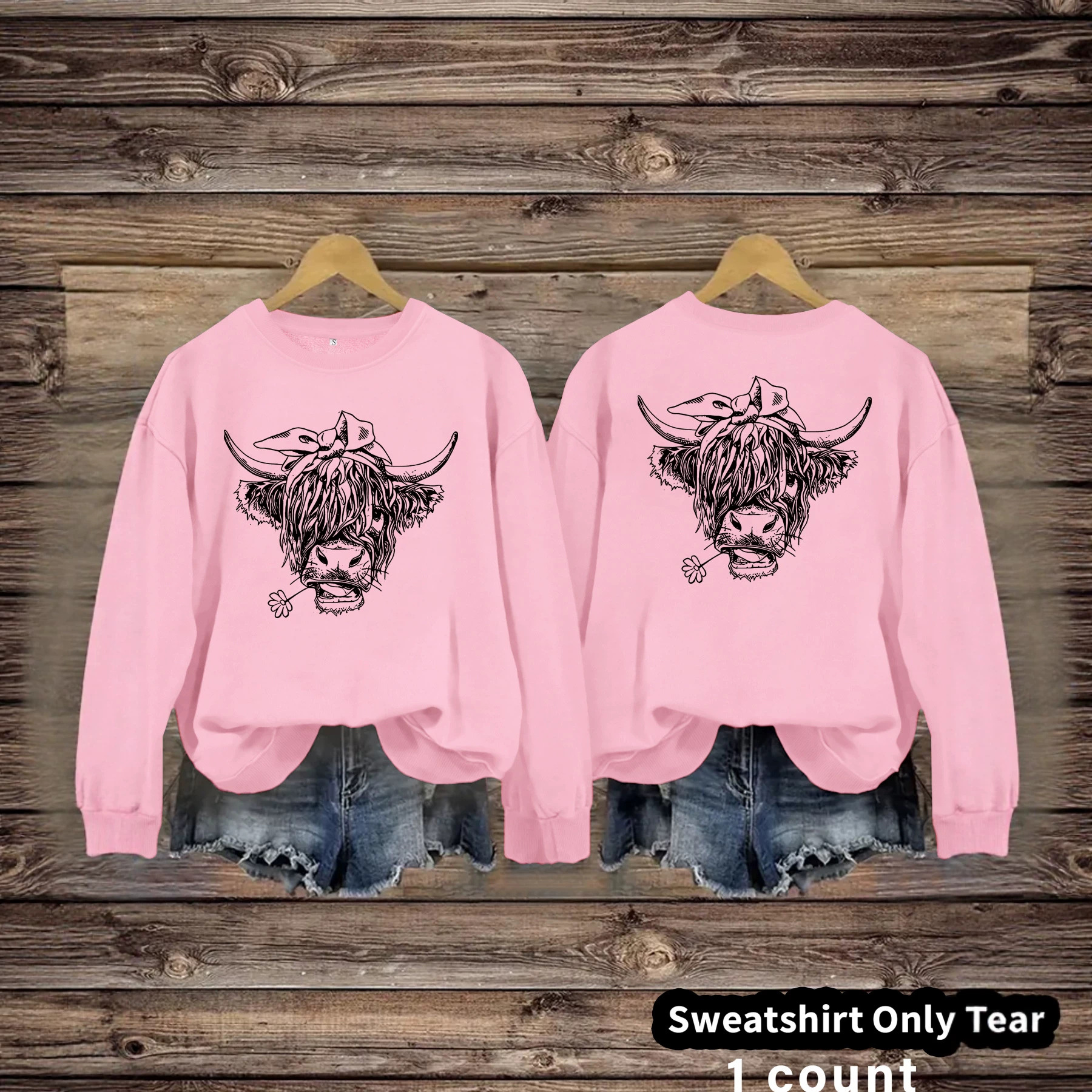 Cowboy Highland Cow Printed Loose Women's Velvet Hoodie — image 4