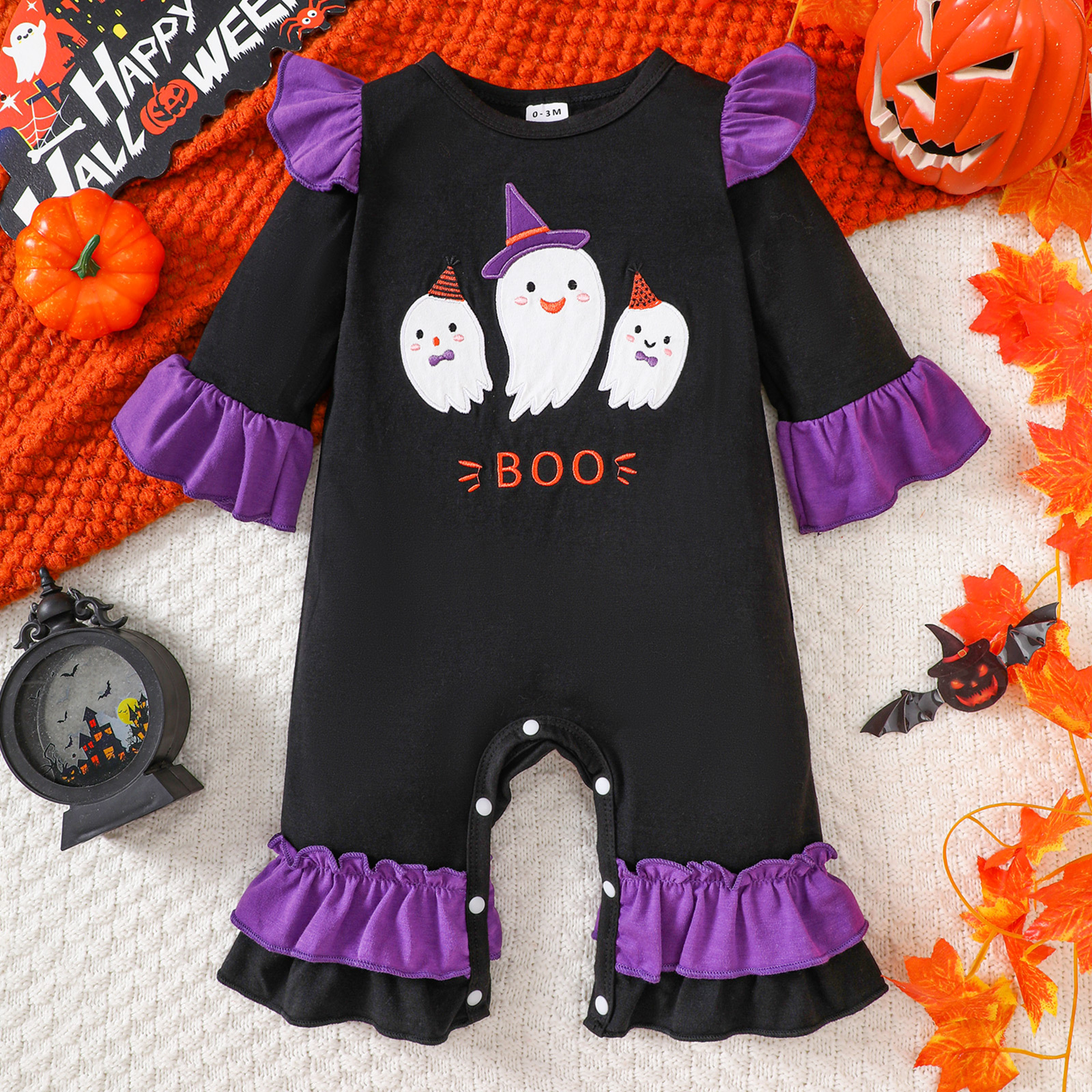 Infant Halloween Romper with Ruffle Ghost Deer Embroidery Long Sleeve Onesie Baby Outerwear Crawling Suit — image 7