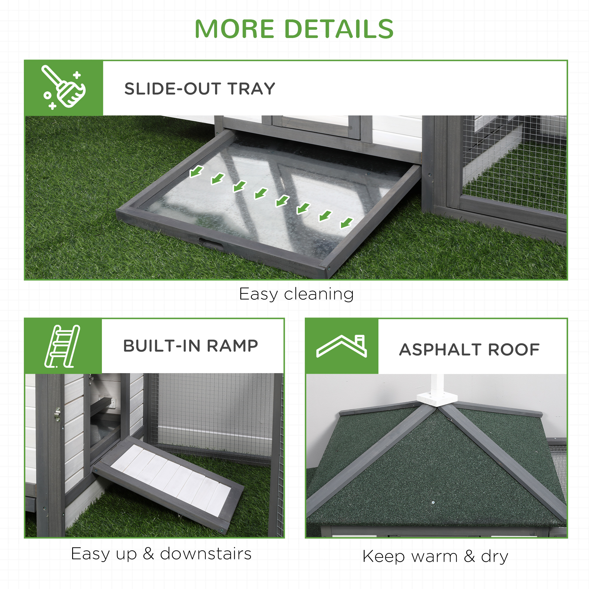 Cooper de Madera para Gallinas de 77" con Caja de Incubación, Acogedor Hogar Exterior para Pollos en Jardín o Patio Trasero, Gris — imagen 8
