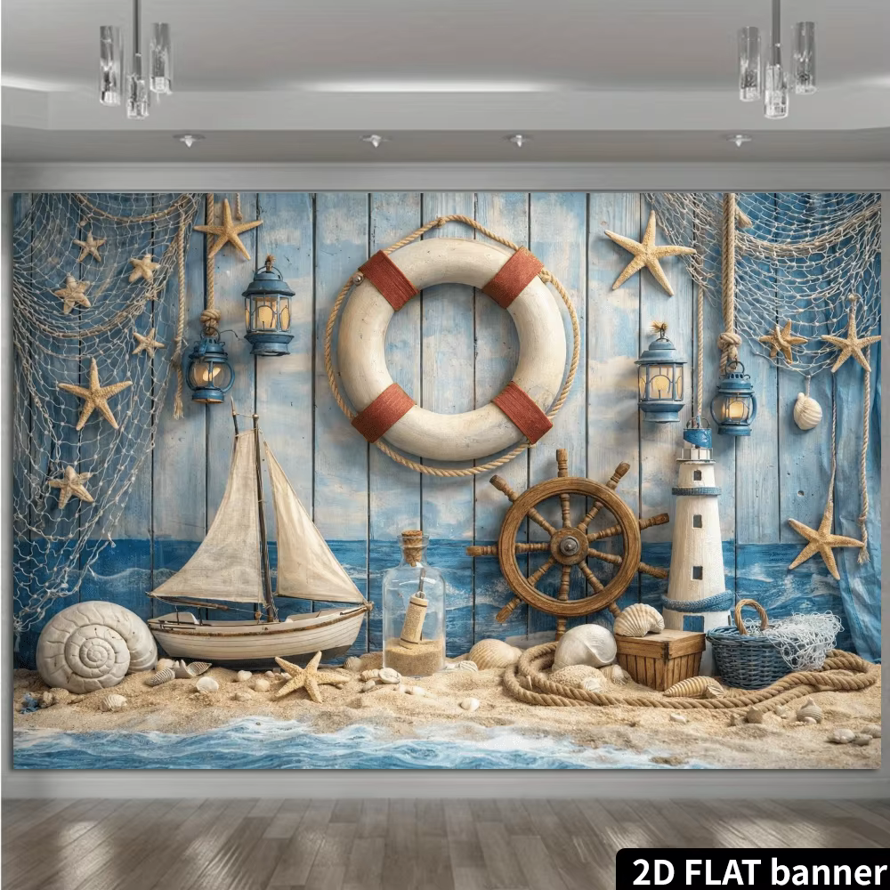 2D Flat, Nautical Lifeboat Starfish Ship Wheel Lighthouse Beach Decor Tapestry Coastal Wall Art Living Room Ocean Theme Print — image 3