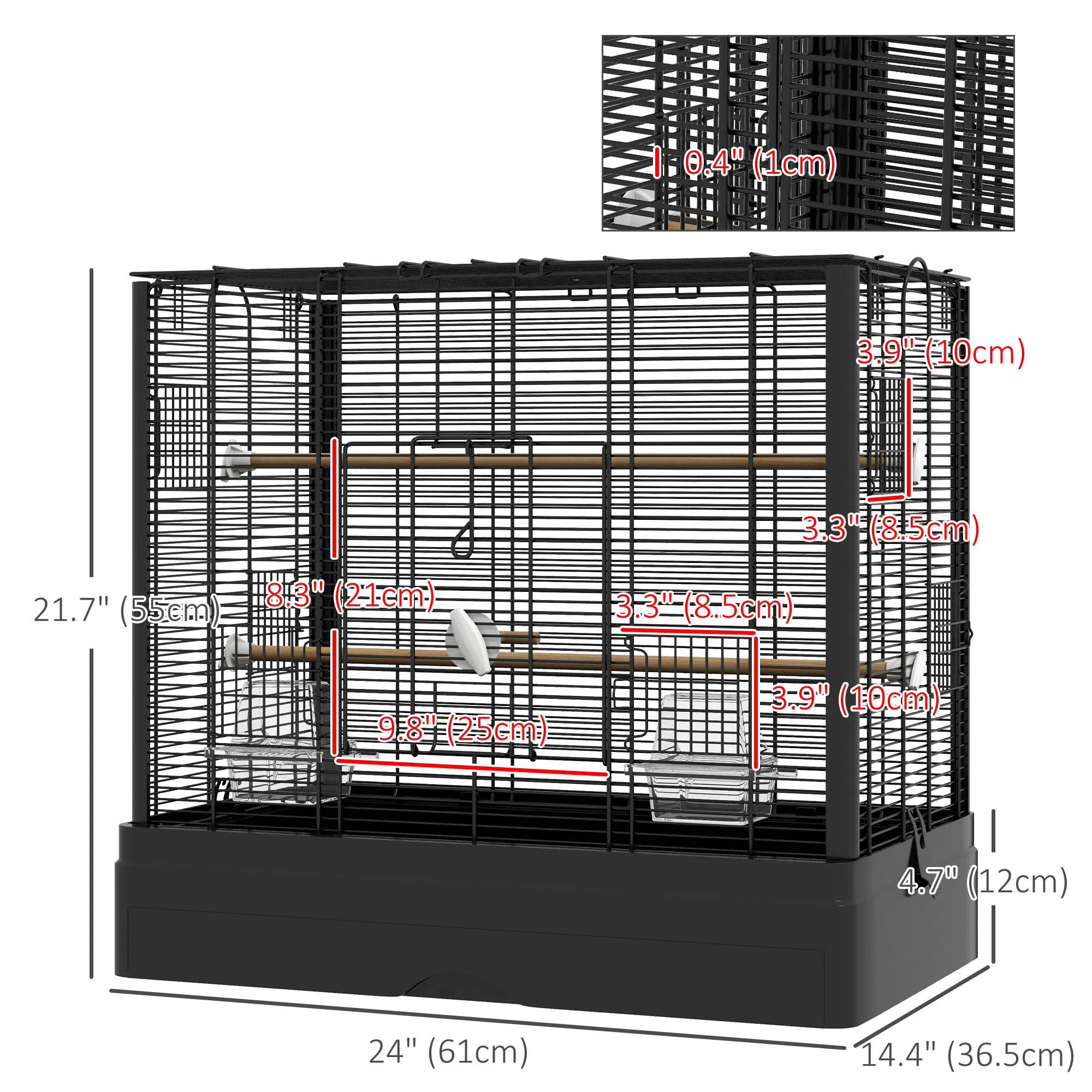 22" Bird Cage for Budgie Finches Canaries Love Birds with Wooden Stands, Slide-Out Tray, Handles, Food Containers, Black — image 5