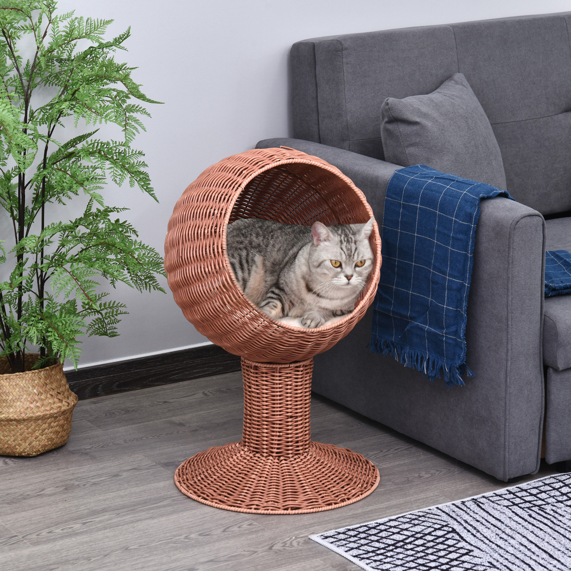 Cama para Gatos Elevada con Silla de Huevo Rotativa, Caja de Descanso con Manta Espesa y Casa de Juguete de Hierba Natural, Marrón — imagen 2