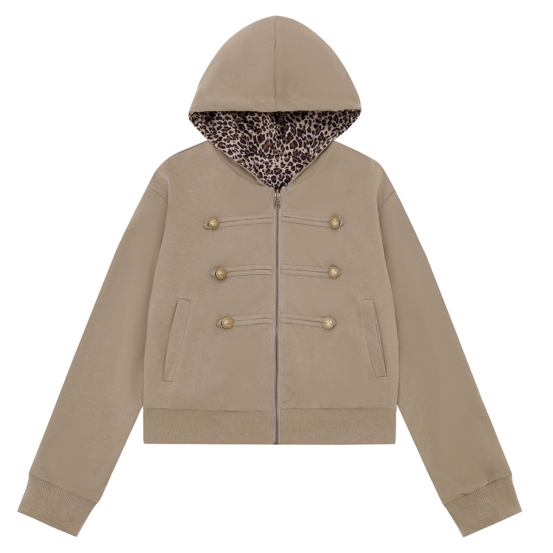 Chaqueta de corte corto reversible con estampado de leopardo, doble botonadura, cierre de cremallera y capucha — imagen 3