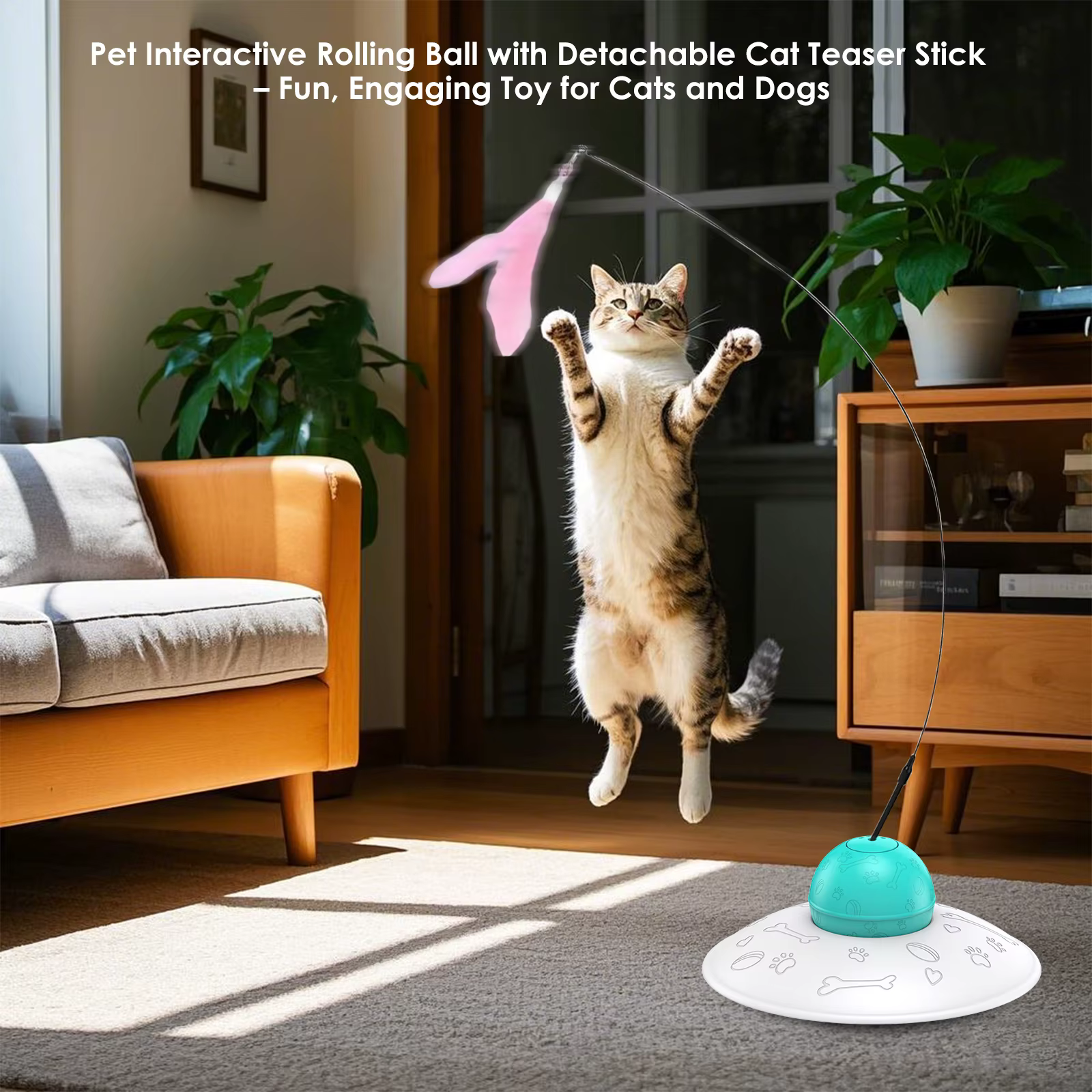 Juguete Electrónico 3 en 1 de Bola Rodante Automática para Gatos, con Sonido y Grabación, Varita Interactiva y Comedero Lento - Regalo Diario Interactivo para Gatos — imagen 3