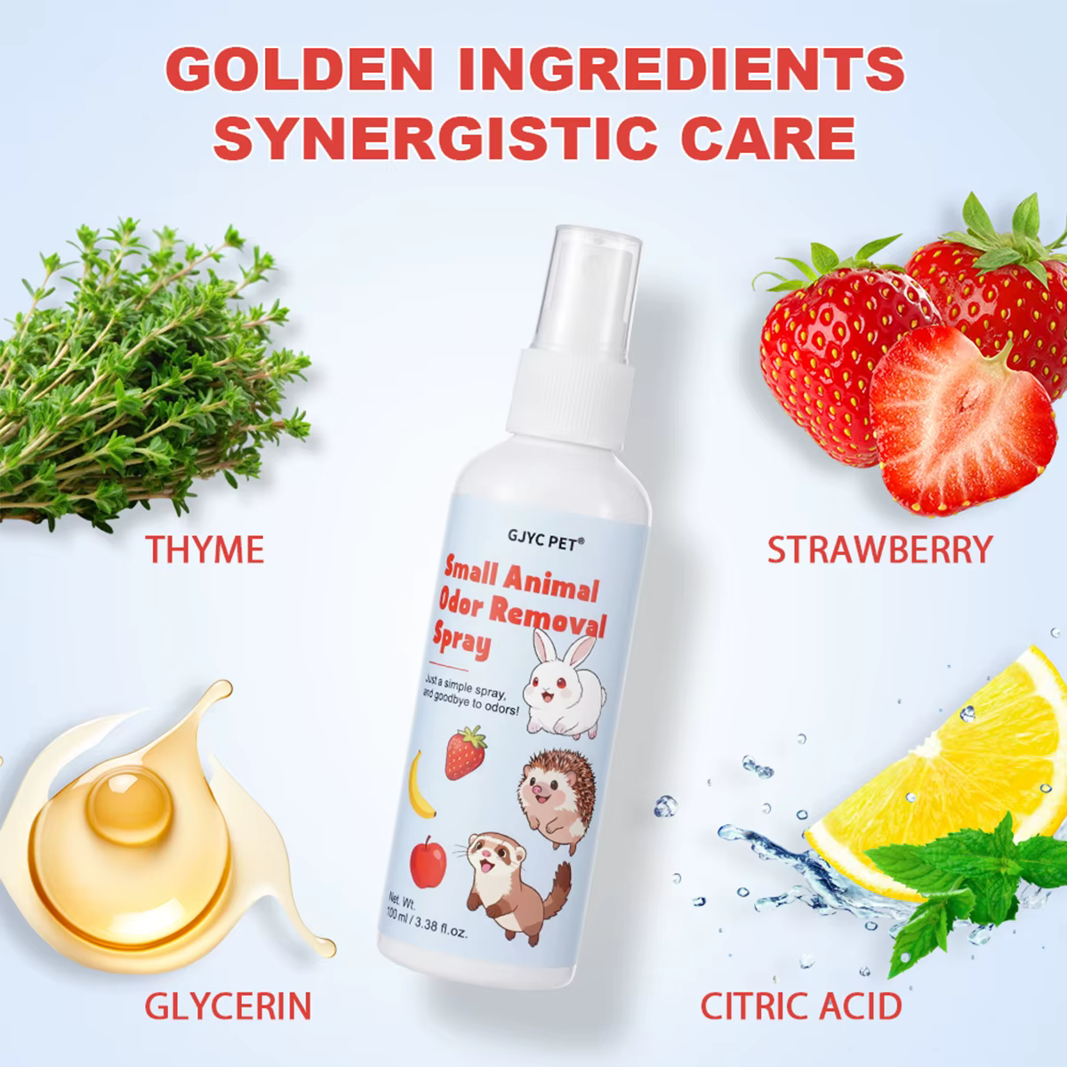 Small Animal Odor Remover Spray 100ml Strawberry Scent Gentle Long Lasting for Rabbit Ferret Hedgehog Guinea Pig Cage Care — image 3