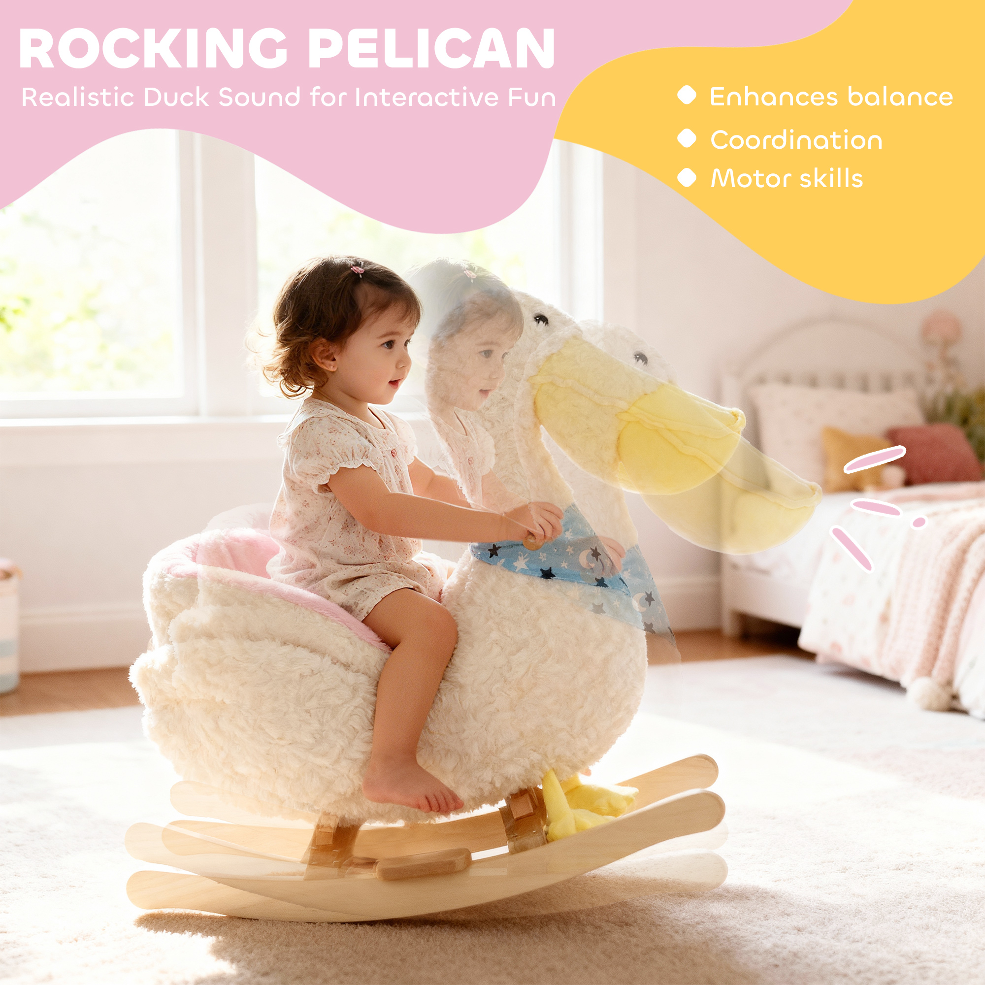 Caballito Mecedor para Bebé, Caballito de Pelícano para Montar para Niños de 18 a 36 Meses, con Sonido Realista de Pato, Blanco — imagen 8