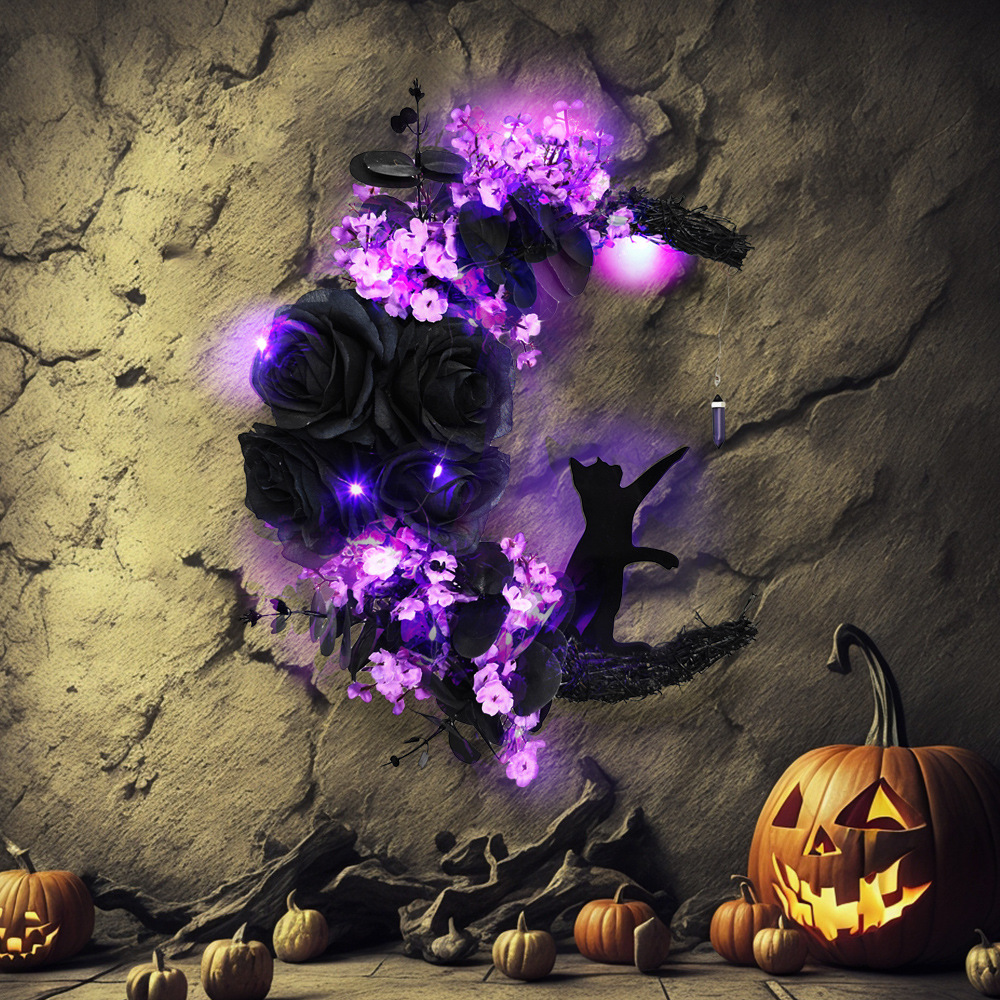 Halloween Moon Cat Wreath Decoration LED Black Rose Dry Branch Artificial Vine Circle Ornament Props — image 4