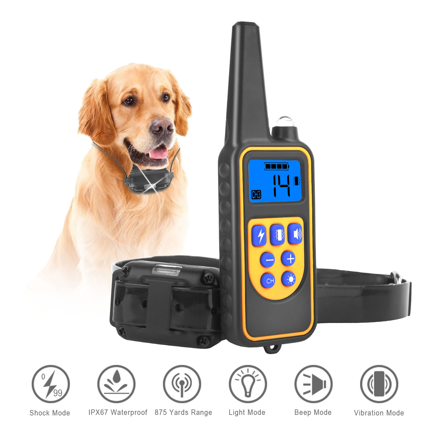 Cinturón de Adiestramiento para Perros con Control Remoto IP67 Resistente a Agua y Polvo Pet Trainer 300mAh Recargable 875 Yardas Control Remoto 4 Modos Niveles Ajustables — imagen 1