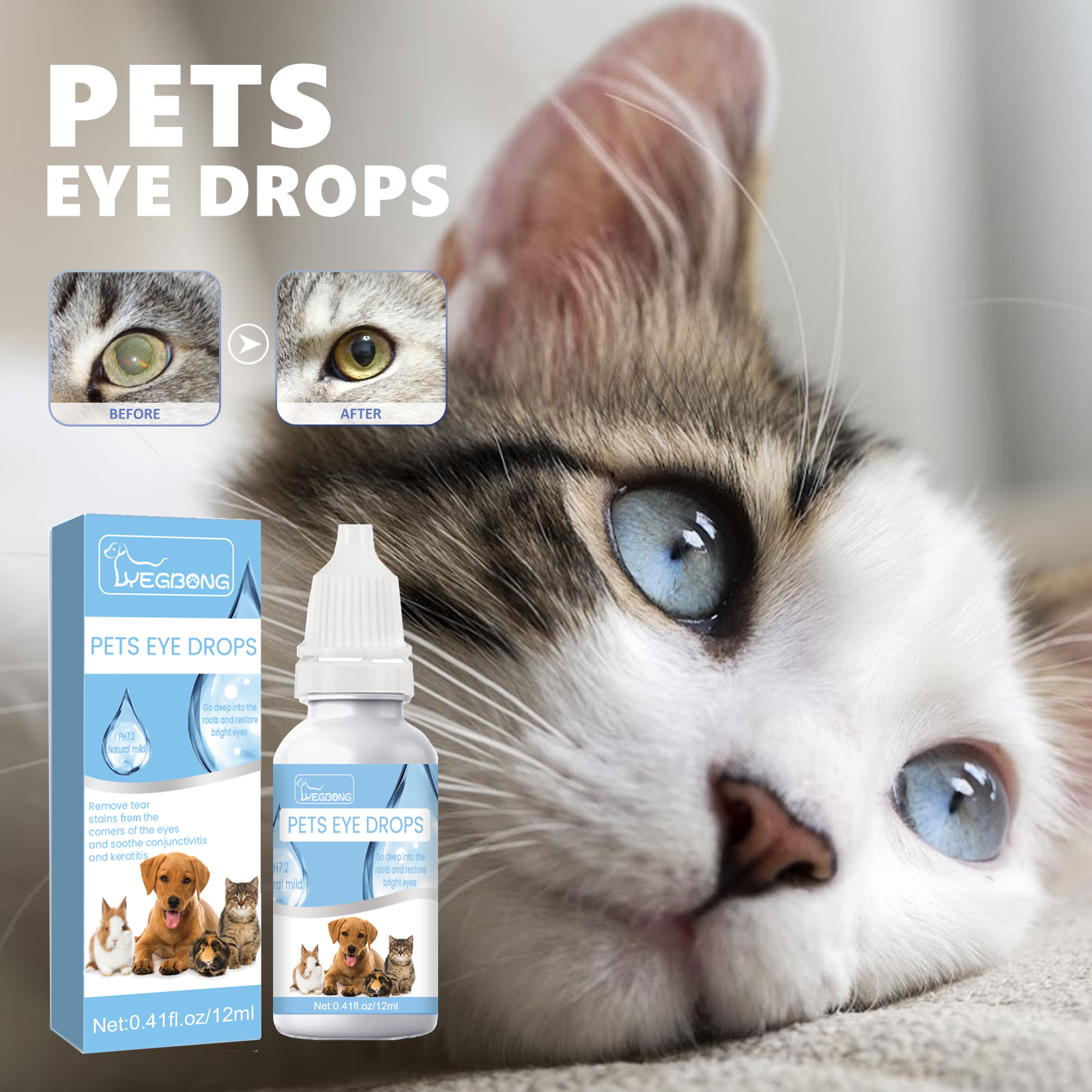 Yegbong Pet Eye Drops, Cats And Dogs Eye Cleaning Care Pet Eye Wash Tear Stain Remover — image 4