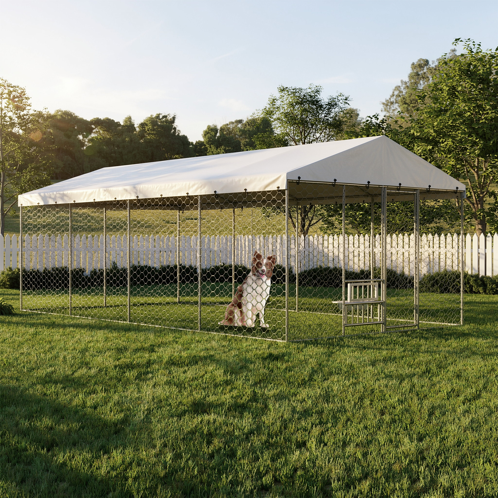 Casa de Perro Al Aire Libre Grande con Techo, Estructura de Acero Galvanizado Resistente, Cubierta Impermeable, Comodines Elevados para Alimentación Integrados, Jaula Segura y Bloqueo para Perros Grandes y Animales Múltiples — imagen 1