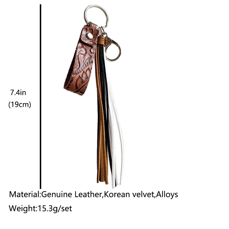European and American Keyring Retro Embossed Brown Cow Leather Keychain Leather Tassel Personalized Handmade Pendant — image 9