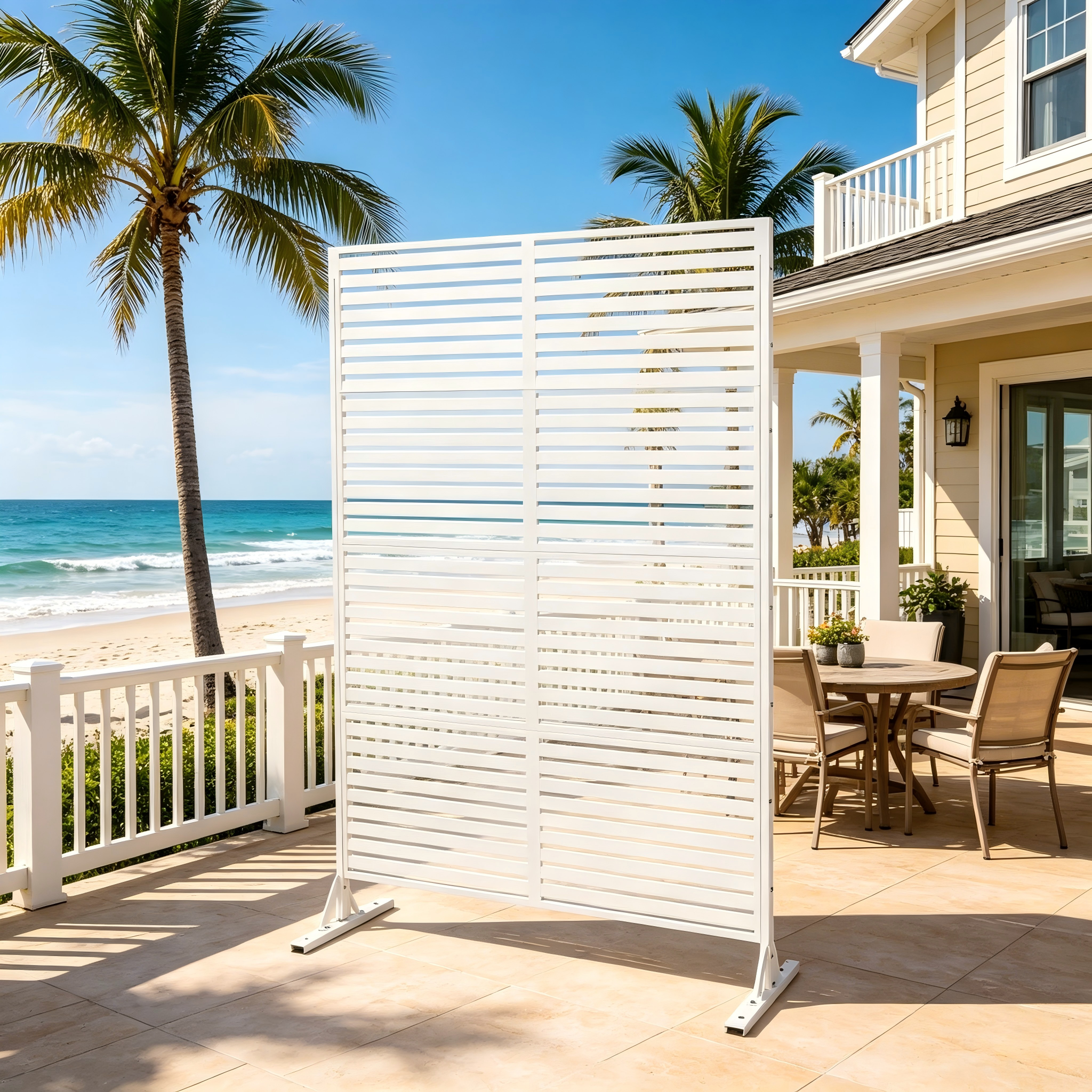 70.87" H × 46.06" W White Metal Privacy Screen, Freestanding Slatted Patio Divider Fence, Coastal & Beach House Decor, Indoor Room & Sunroom Partition, Kid Play Yard & Pet Safe Outdoor Deck Balcony Ba — image 2