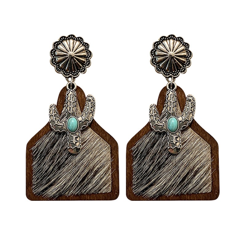 Vintage Western Earrings Bohemian Genuine Leather Cowhide Horse Hair Cow Brand Fashion Panel Earrings — image 15