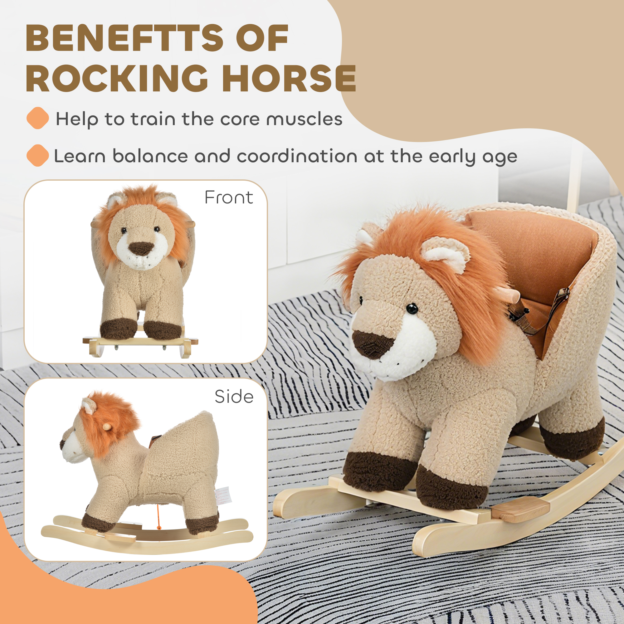 Caballo de Roca para Bebés con Sonido de León, Animales de Peluche que Se Mueven, Caballo de Roca Ecológico con Cinturón de Seguridad para Niños y Niñas de 18 a 36 Meses Regalo Marrón — imagen 7