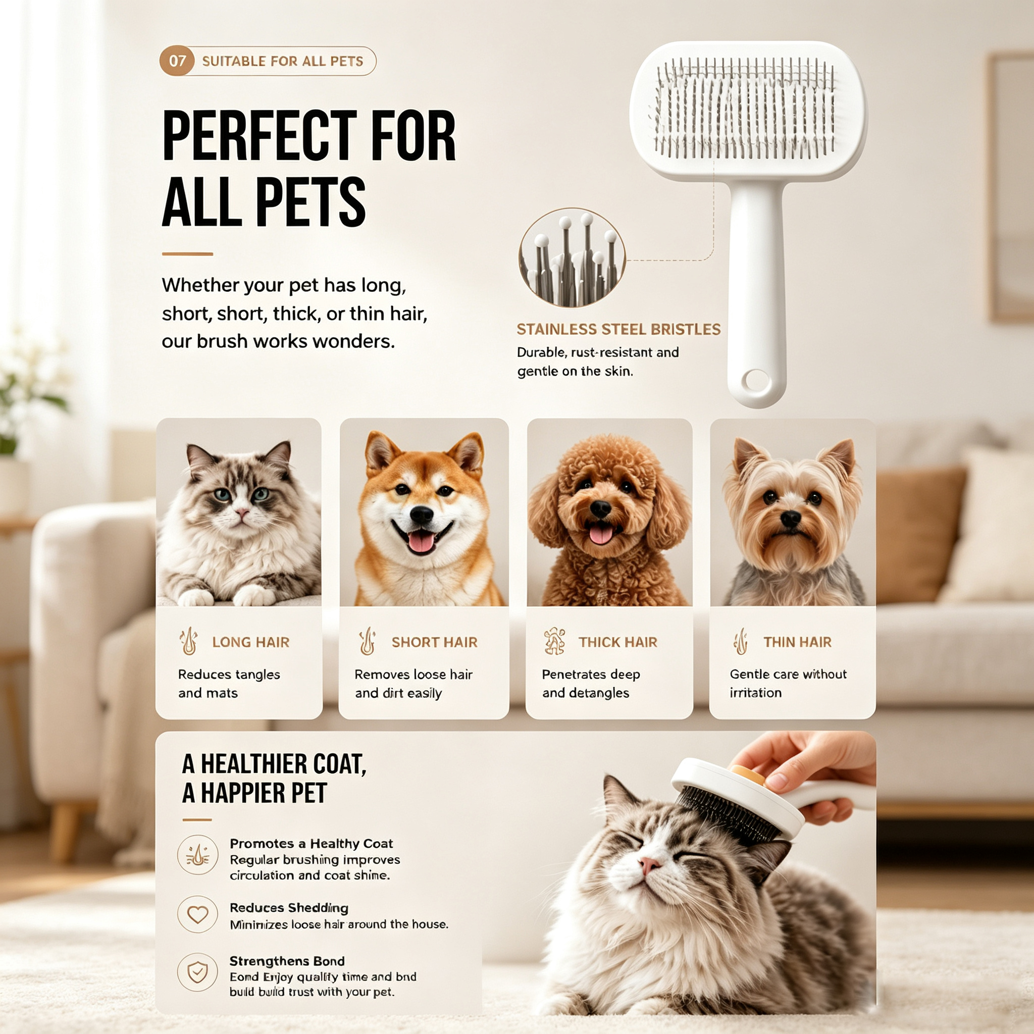 Pulidora de Grooming para Mascotas: Cepillo Auto-Limpio con Un Botón Para Eliminar Pelo, Herramienta Suave para Desprender y Cuidado Capilar — imagen 5