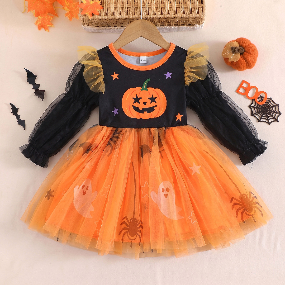Vestido de Halloween con calabaza y tulle para niñas manga larga manga en forma de pompon estampado fantasmas arañas — imagen 7