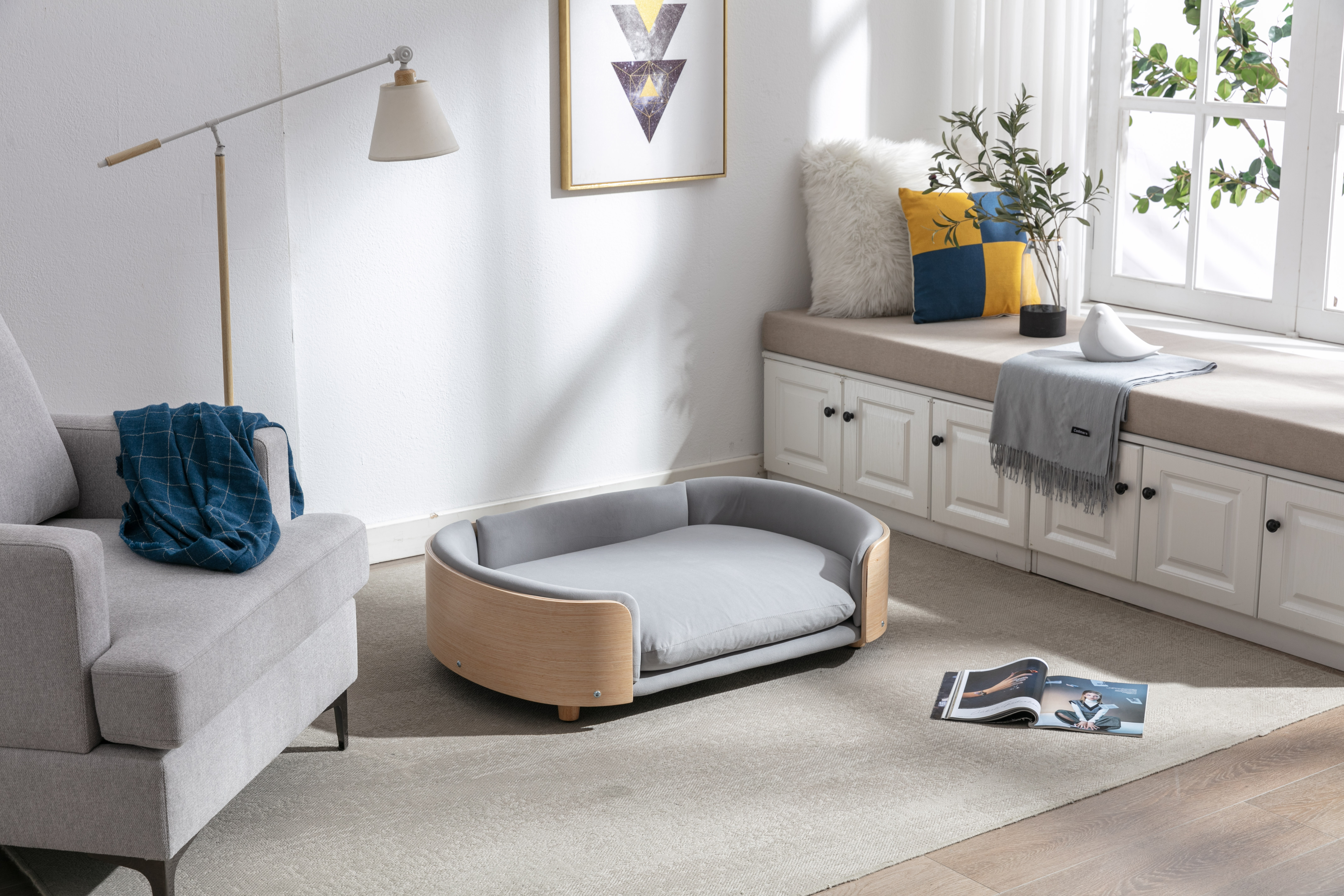 Scandinavian style Elevated Dog Bed Pet Sofa With Solid Wood legs and Bent Wood Back, Velvet Cushion, Large Size — image 1