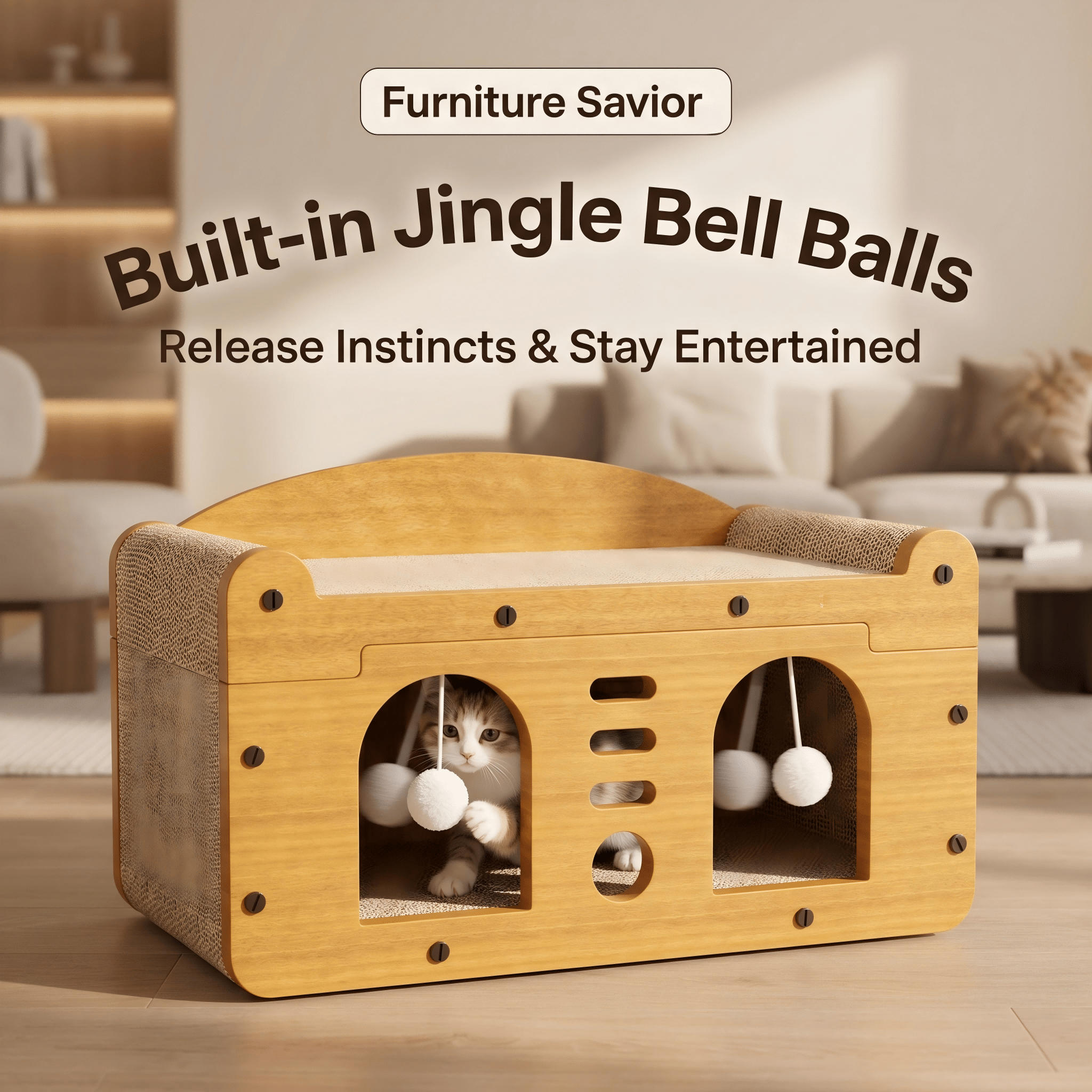 Casa de Gato Multiestilo con Dos Capas: 2 Niveles Grande para Perros y Gatos con Cartón Corrugado, Bolas Suspensas Interactivas y Soporte Cervical Ergonómico para Hogares con Muebles — imagen 10