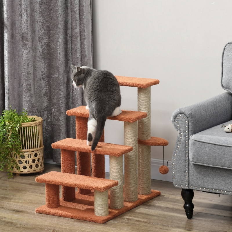 Escalones para Gatos de 4 Niveles con Postes Rascadores para Cama Alta, Sofá, Marrón — imagen 2