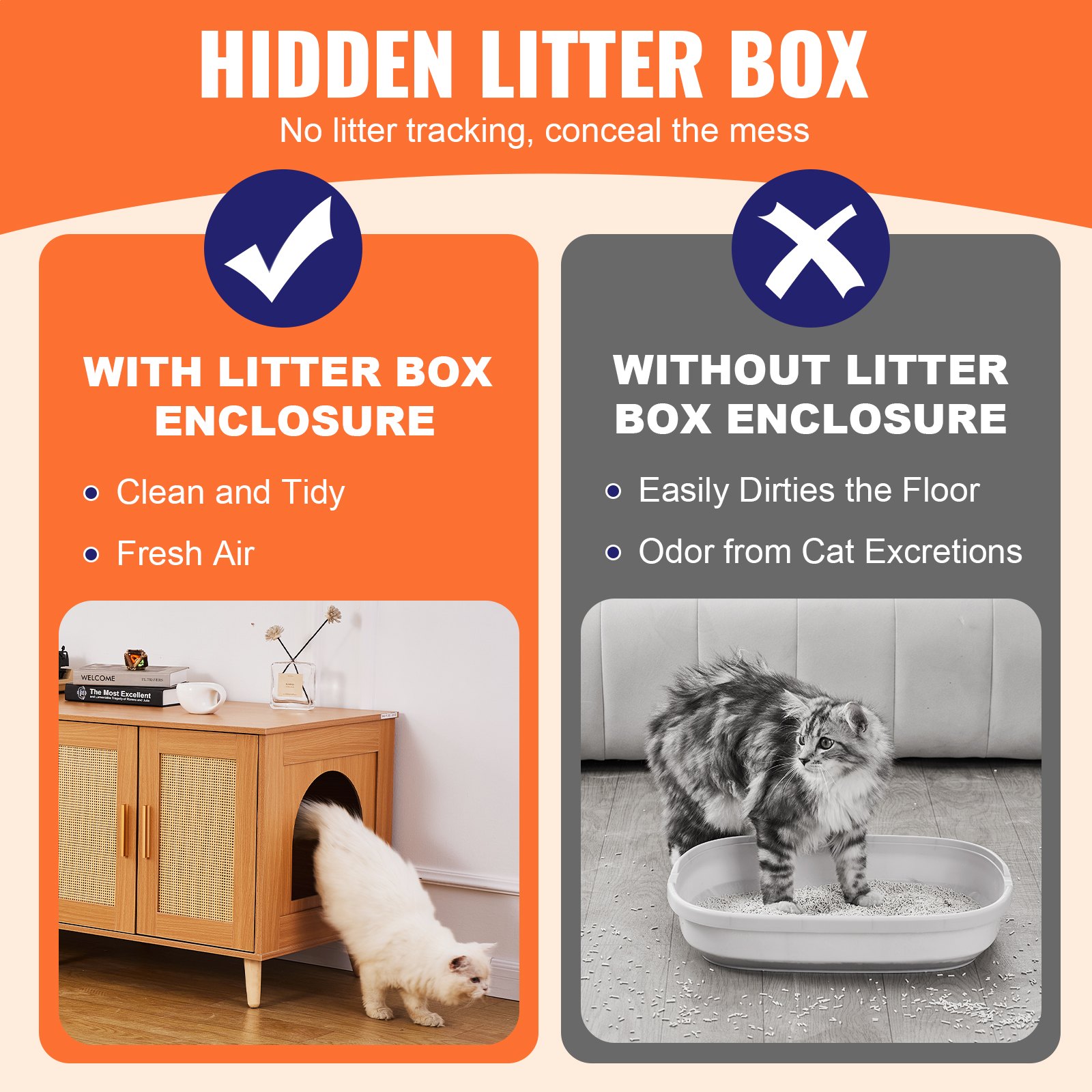 Caja de Lecho para Gatos con Encierro, Decoración de Puertas de Rattán Natural, Armario de Madera para Lugar de Lecho Oculto, 47.2"L x 19.7"A x 21.7"H — imagen 5