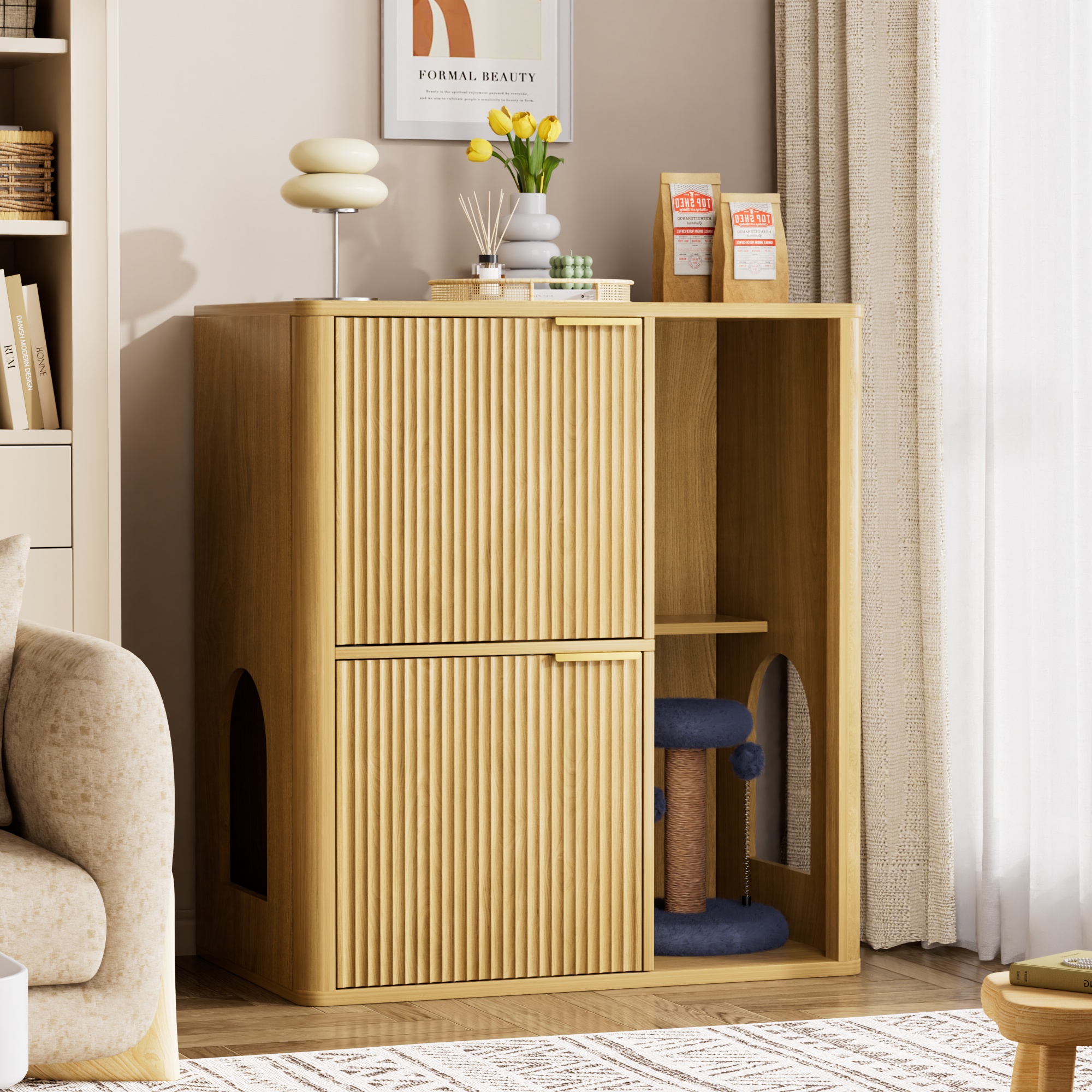 Gabinete para Arenero de Gato de 31.5 Pulgadas en Madera Clara con Rascador Integrado - Mueble Oculto con Puertas Dobles para Gatos y Repisas de Almacenamiento, Gabinete Versátil para Sala o Dormitorio — imagen 1